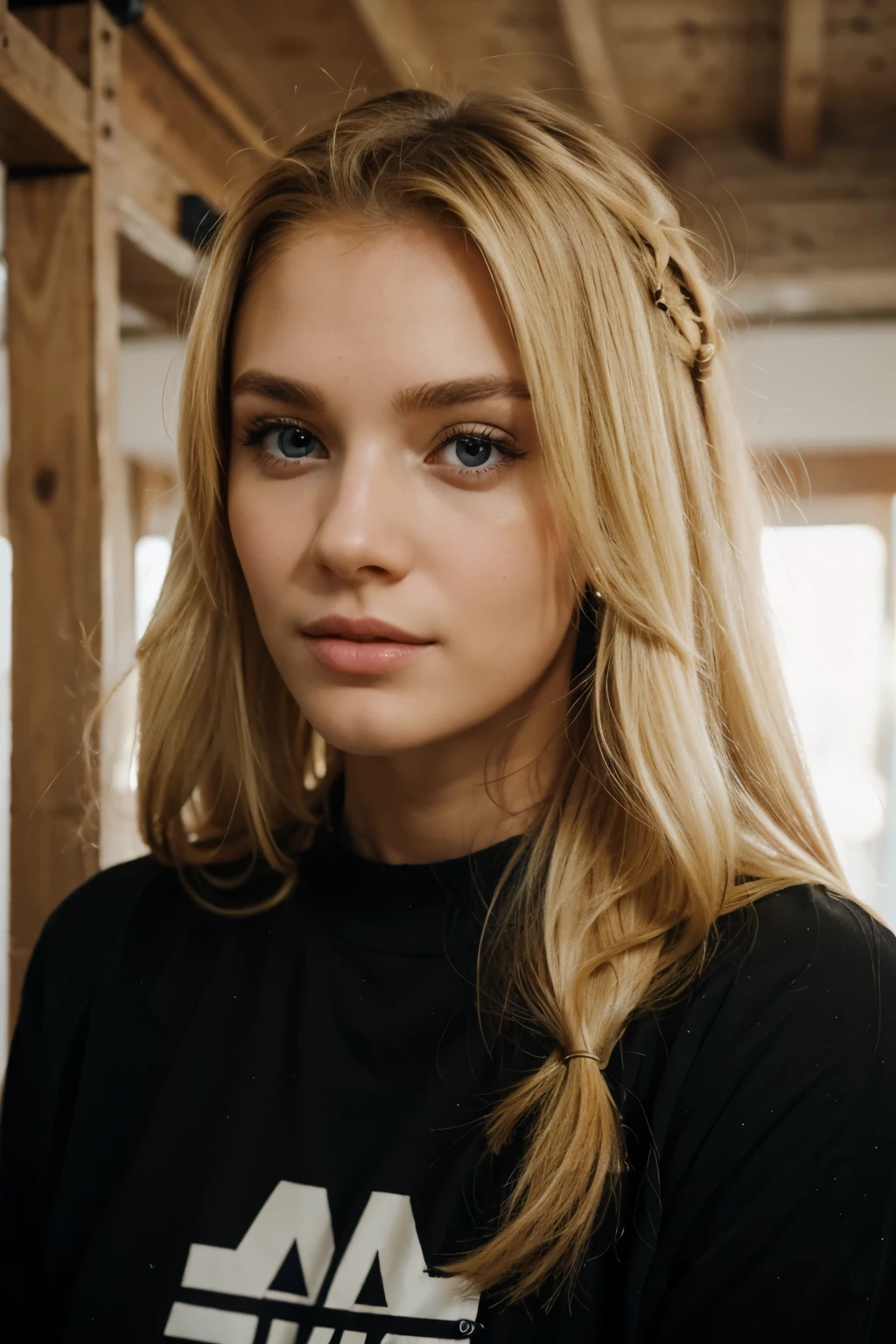 Le portrait réaliste d'une jeune femme..
Elle a des long cheveux blonds.
Elle est belle et possède des lèvres pulpeuses.