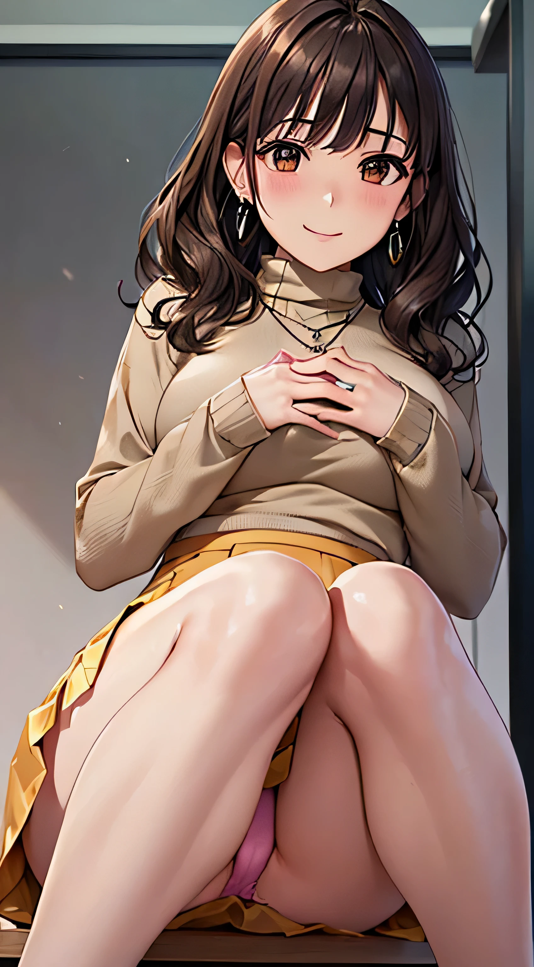 (table top, highest quality, High resolution, , perfect pixel, 4k,), 1 girl, single, alone, Beautiful woman、I could see the whole body、 ((Wavy mid-hair, bangs, brown hair)), ((brown eyes, beautiful eyelashes, realistic eyes)), ((detailed face, blush:1.2)), ((smooth texture:0.75, realistic texture:0.65, realistic:1.1, Anime CG style)), medium breasts, dynamic angle, perfect body, ((, female teacher, , earrings、necklace、turtleneck sweater、beige flared skirt、black knee high stockings、open both legs wide、、shy smile、Sit on the floor、leaning forward)), Upper grade、、、evening、、(pink lace panties are visible、、(Bring your chest and arms together、Lift up your skirt and show your panties、The wind blows up my skirt)、angle from below)、