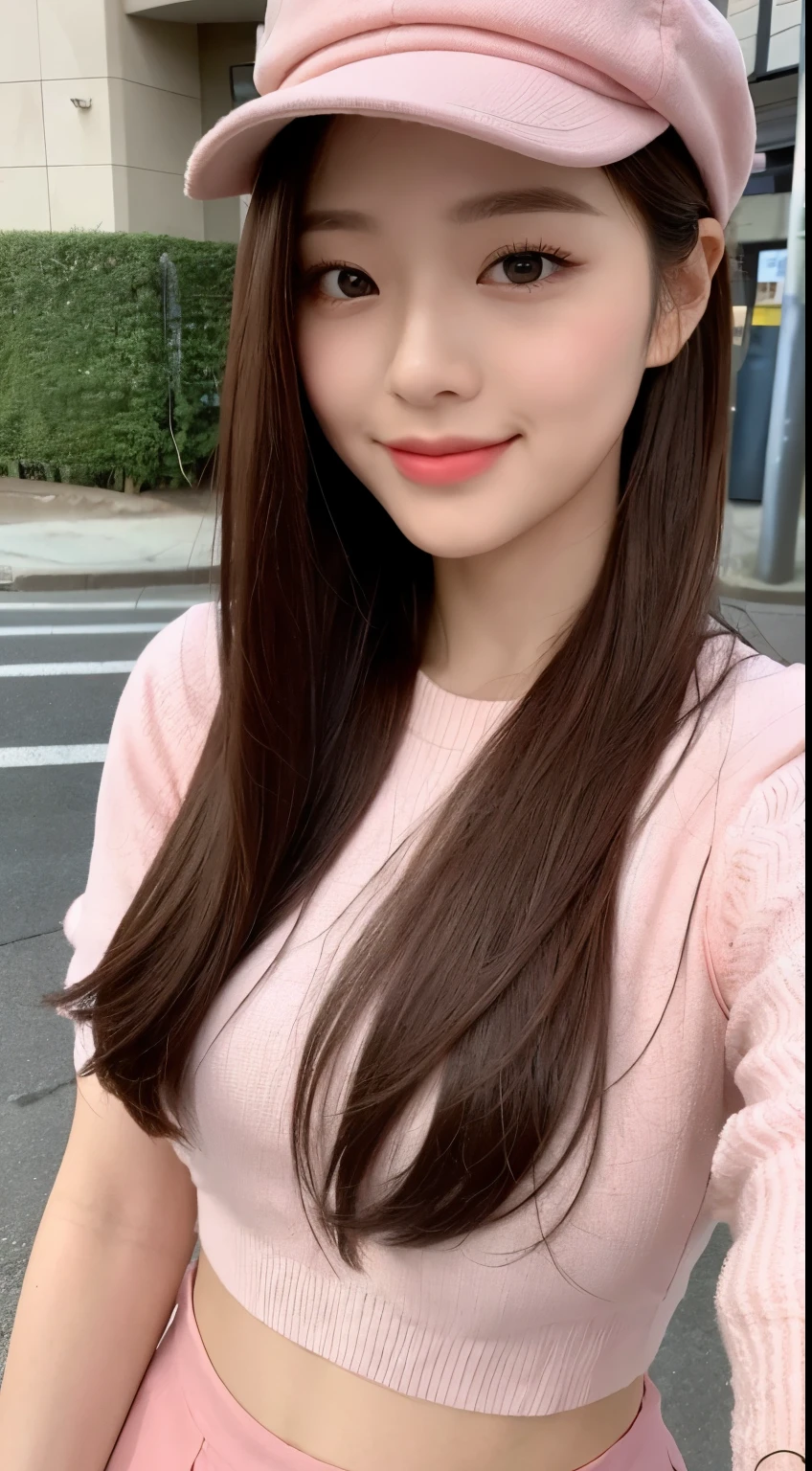 （（best quality，8k，master piece：1.3）），（flower cap：1.3），beautiful woman with perfect figure：1.4，buttocks：1.2，（layered long hairstyle：1.2）），（street：1.3），Highly detailed face and skin texture，full body esbian，delicate eyes，double eyelid，whiten skin，cute korean beauty（With a round face：1.5），（pink top，short skirt：1.6）smile