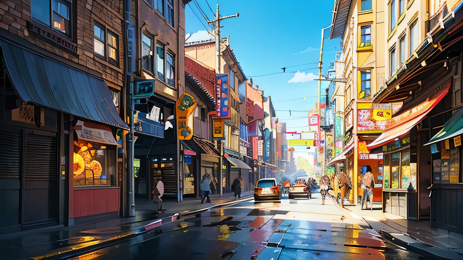 (Vibrant and vivid colors), (Anime: 1.2), Urban landscape painting, (Detailed buildings with intricate architecture and ornate designs), (Crowded streets filled with lively characters and colorful street signs), (Busy traffic moving in all directions, with bright neon lights reflecting off the wet asphalt), (Dynamic composition that portrays a lively and chaotic atmosphere, with impressive architecture forming a unique cityscape), (Clean and sleek modern elements contrasting against the aged and textured buildings), (Futuristic elements adding a sense of innovation and progress, while expressive characters add a touch of humanity), (Anime-style details such as exaggerated facial expressions