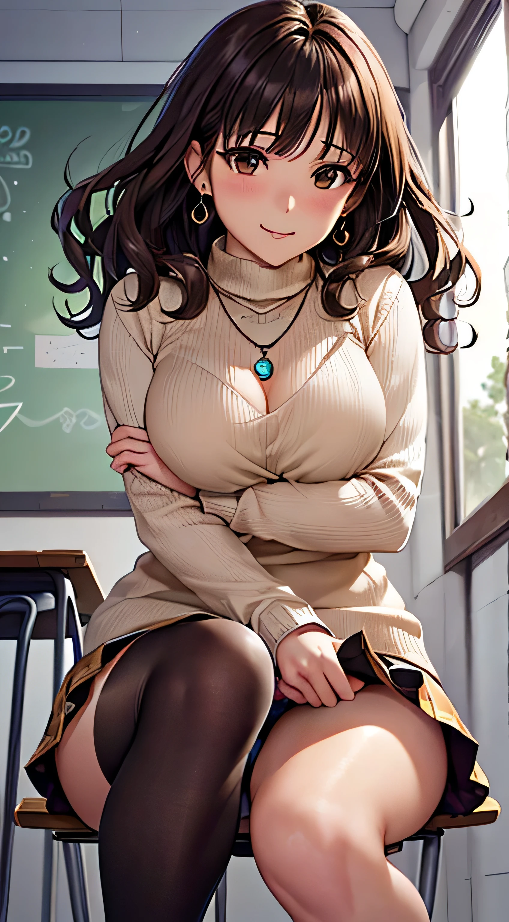 (table top, highest quality, High resolution, , perfect pixel, 4k,), 1 girl, single, alone, Beautiful woman、I could see the whole body、 ((wavy mid-length hair, bangs, brown hair)), ((brown eyes, beautiful eyelashes, realistic eyes)), ((detailed face, blush:1.2)), ((smooth texture:0.75, realistic texture:0.65, realistic:1.1, Anime CG style)), medium breasts, dynamic angle, perfect body, ((, female teacher, , earrings、necklace、turtleneck sweater、、black knee high stockings、((open both legs wide、open both knees))、Tight denim skirt、shy smile、Sitting at the pulpit、emphasize the chest、、)), 、、、evening、、(You can see her pink and white lace panties、、(、)、)、