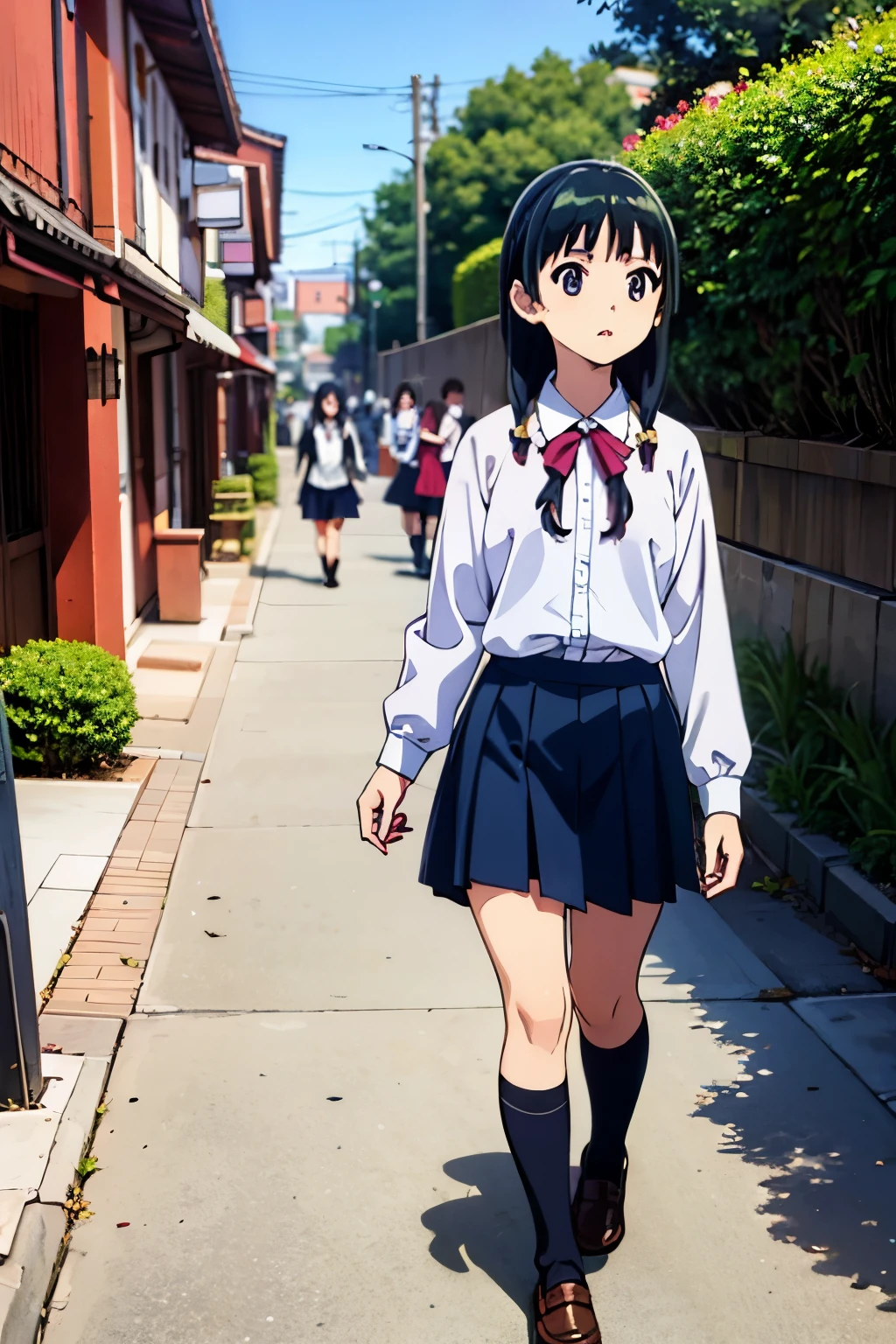 Japanese high school girls wearing uniforms。white shirt、black skirt、walking around town in loafers