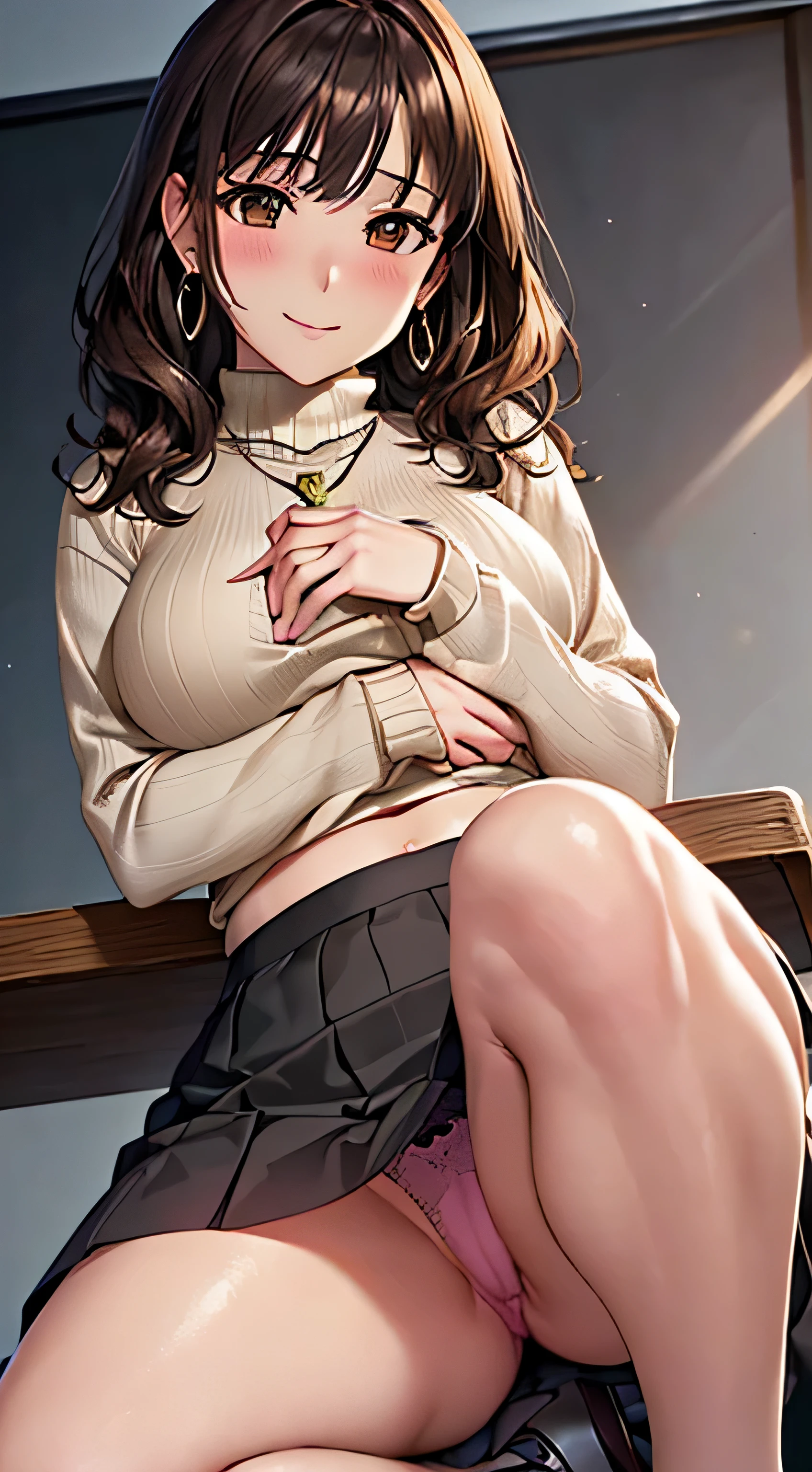 (table top, highest quality, High resolution, , perfect pixel, 4k,), 1 girl, single, alone, Beautiful woman、I could see the whole body、 ((Wavy mid-hair, bangs, brown hair)), ((brown eyes, beautiful eyelashes, realistic eyes)), ((detailed face, blush:1.2)), ((smooth texture:0.75, realistic texture:0.65, realistic:1.1, Anime CG style)), medium breasts, dynamic angle, perfect body, ((, female teacher, , earrings、necklace、turtleneck sweater、beige flared skirt、black knee high stockings、open both legs wide、、shy smile、Sit on the floor、leaning forward)), 、、、evening、、(pink lace panties are visible、、(Bring your chest and arms together、Lift up your skirt and show your panties、The wind blows up my skirt)、angle from below)、