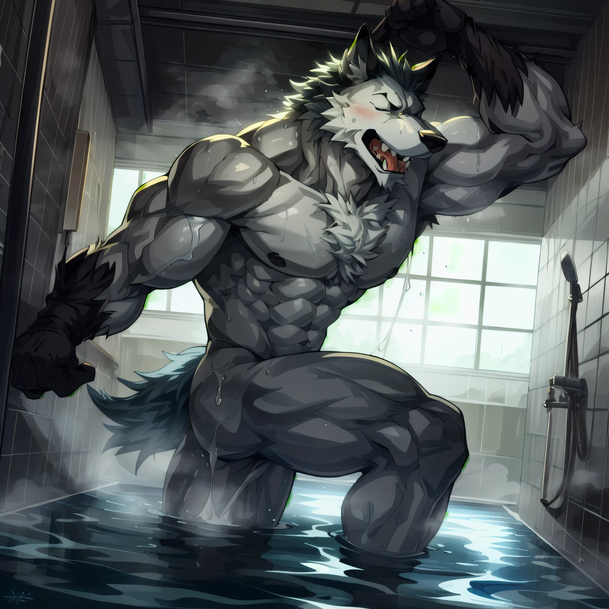Steam swirls around strong limbs,lift one leg,Hot water pours down from the silver fur, A lone wolf leans on the tiles of a spacious shower room. eyes closed, as the water flows down the curve of the muscular throat,Tilt head back into spray, Beads on a heaving chest and rushes lower. His body arched in abandonment, As the water trembles over sensitive flesh,A weak growl came from behind the exposed fangs.. Easy masterpiece, dramatic lighting, soft light, sky, Very detailed