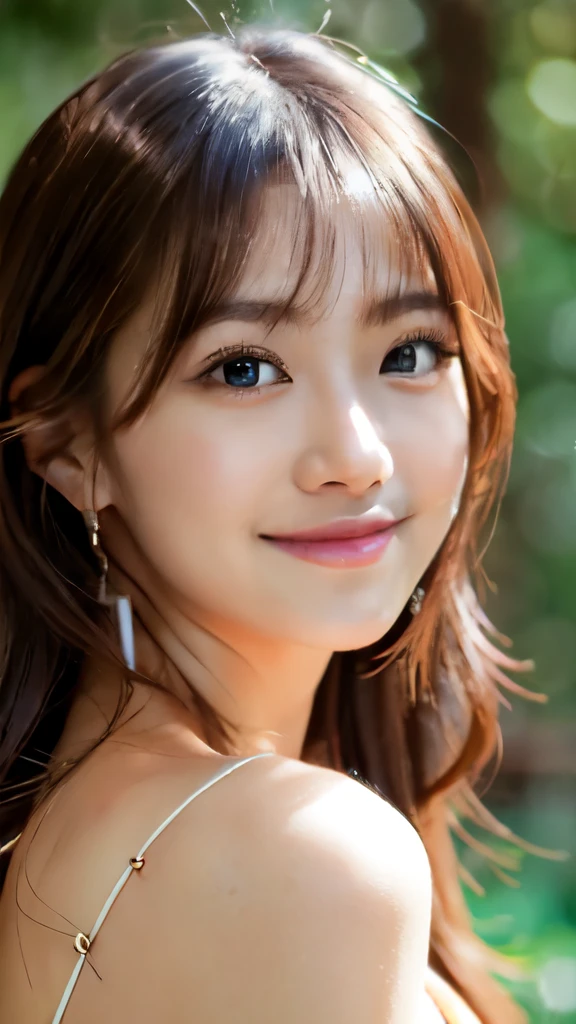 ((masterpiece)), ((highest quality)), (super detailed), ((beautiful)), cute, (Lovely), ((very detailed)), 4k, (8k), highest quality, (beautiful), ((((smile)))),figure, [[[face zoom]]],front、looking at the camera、Japanese,beautifulな女性,  Japanese, alone, (brown dress:1.3),outdoors、 beautiful red hair, beautiful brown eyes, ((beautiful eyes)), (long hair,curl)、sexy,(Big eyes)、flashy makeup、lipstick