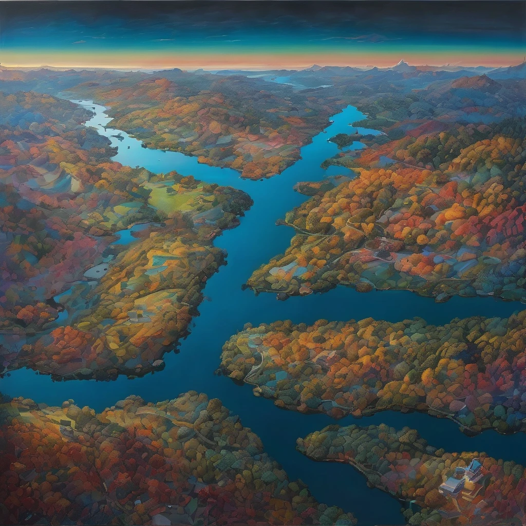 Aerial View, aesthetic, extremely detailed, Aerial View,sweeping panoramic expanse,patchwork quilt of fields,ribbon-like meandering rivers,steel-and-glass urban sprawl,fleeting shadows of passing clouds,terrain undulating with hills and valleys,dappled sunlight kissing treetops,muted palette of earth tones,night,low-light amplification,star-speckled sky,moonlit landscape,ethereal glow from distant towns,shadows stretching into oblivion,camera settings,wide aperture,high ISO,slow shutter speed,steady drone stabilization,manual focus adjusted for infinite view,mood/feelings and atmosphere,tranquil serenity,quietude of the world from above,melancholic beauty in isolation,sublime sense of scale,artistic medium as well as techniques,digital painting,oil on canvas,pointillism,panoramic photography,multiple exposure layering,artists, illustrators, painters, art movements,David Hockney,Yayoi Kusama,Bob Ross,Andy Warhol's pop art,Hudson River School,Japanese Ukiyo-e