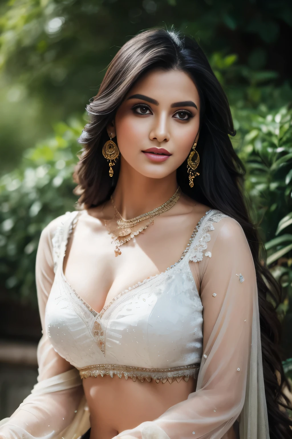 Portrait of A confident-looking indian princess from kamasutra with long flowing hair, hazel eyes, without flowing capes, Cleopatra fabric with laces, c-cup breasts, sitting in grass, water background, bokeh, perfect composition, hyperrealistic, super detailed, 8k, high quality, trending art, trending on artstation, sharp focus, nude studio photo, intricate details, highly detailed, art by greg rutkowski