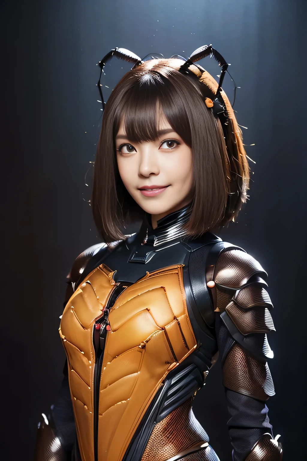 (High resolution,masterpiece,highest quality,Very detailed CG, anime, official art:1.4), realistic, photograph, amazing detail, everything is complicated, shiny and glossy,Amazing number of layers, 8K wallpaper, 3D, sketch, cute, figure,( alone:1.4), perfect female proportions,villain's daughter, (Fusion of dark brown cockroach and lady:1.4), (brown cockroach woman:1.2), (brown cockroach woman:1.2), (Fusion:1.2), (alone:1.4), (evil smile:1.2), muscular, abs, (Cockroach brown exoskeleton bio insect suit:1.4), (Cockroach brown exoskeleton bio insect armor:1.2), (brown transparent cockroach feathers:1.4), (Antennae of brown cockroaches:1.3),