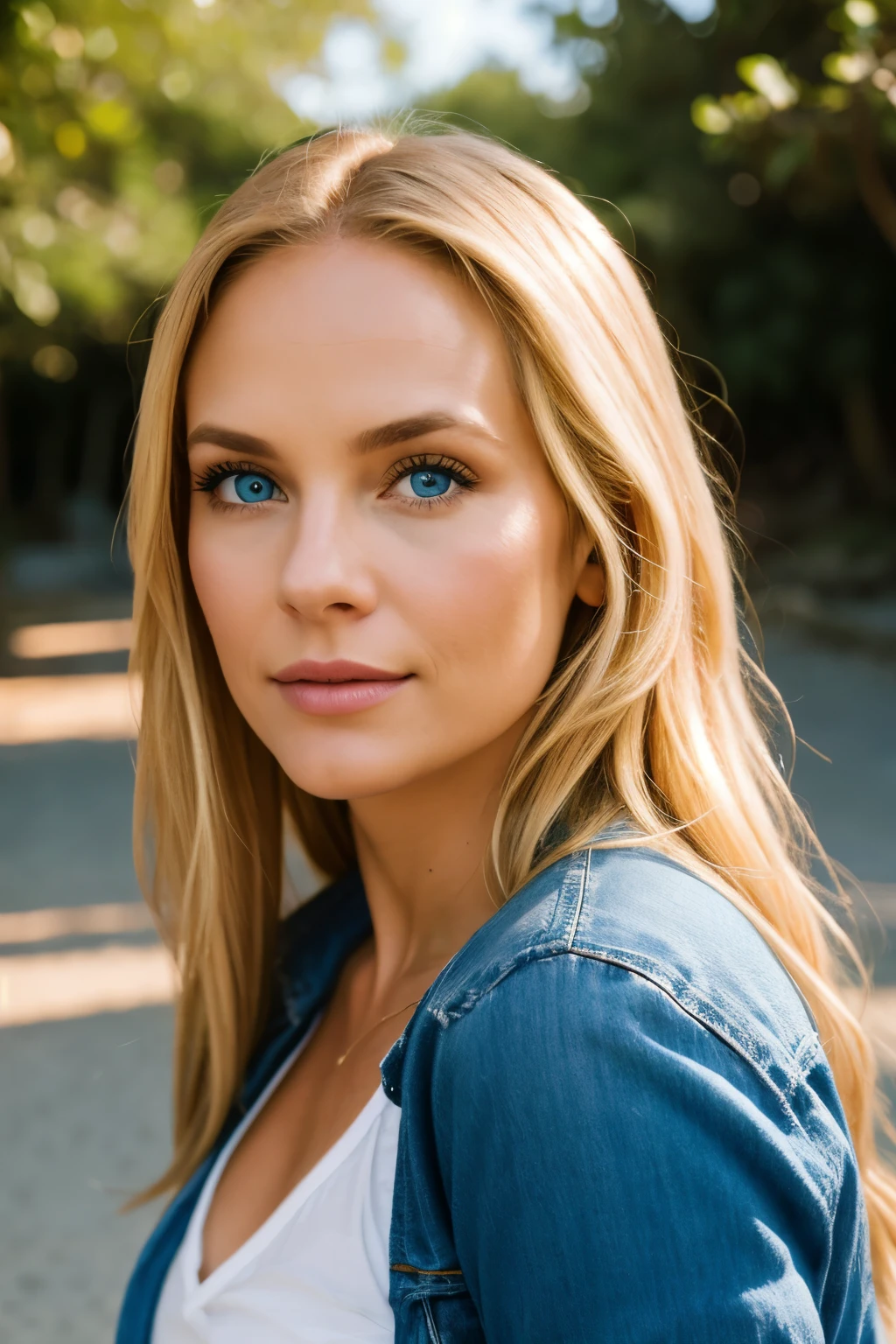 A photorealistic portrait of a 35 year old American girl with long flowing blonde hair and striking blue eyes. It should have a natural, approachable expression and be illuminated by soft, golden tones. hora de luz solar. The background should be a picturesque outdoor setting, talvez um parque ou praia ensolarado. Capture this image with a high-resolution photograph using an 85mm lens for a flattering perspective

