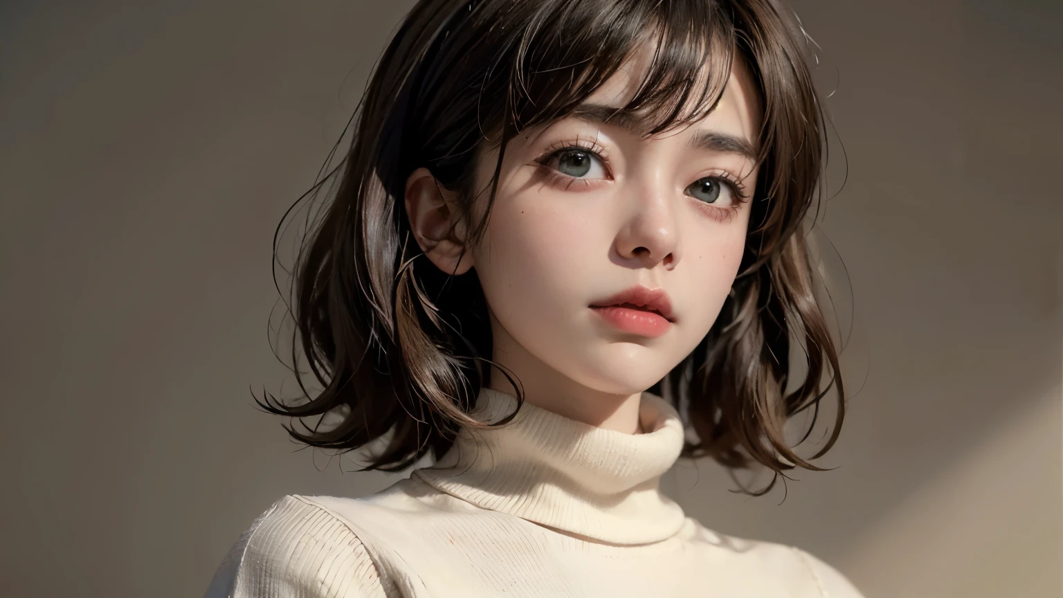 a woman with a pink turtleneck sweater and a brown background, soft tache de rousseurs, rosy cheeks with tache de rousseurs, light cute tache de rousseurs, tache de rousseurd pale skin, tache de rousseurd, light tache de rousseurs, tache de rousseur, tache de rousseurd face, elegant tache de rousseurs, cute tache de rousseurs, tache de rousseurs, fille aux cheveux bruns, hint of tache de rousseurs, very light tache de rousseurs, neat hair with bangs, cheveux bruns et frange