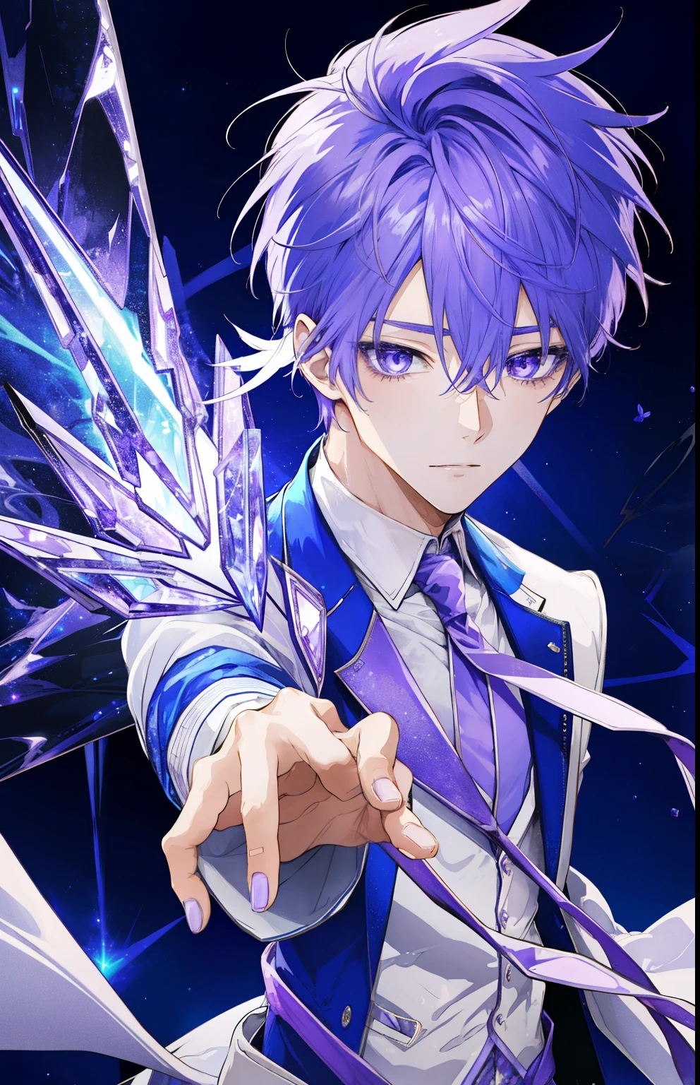 Close up of purple haired boy cartoon character、portrait of magical boy、boy in white and purple dress、heavenly aura、soghtning aura、white and purple miniskirt、Purple Thigh Boots、Symphogear flavor、boy with short light purple hair、prince of amethyst、official character art, style of magical boy、magical boy、anime boy、official art、High resolution、sparkling magical boy、With shining purple eyes