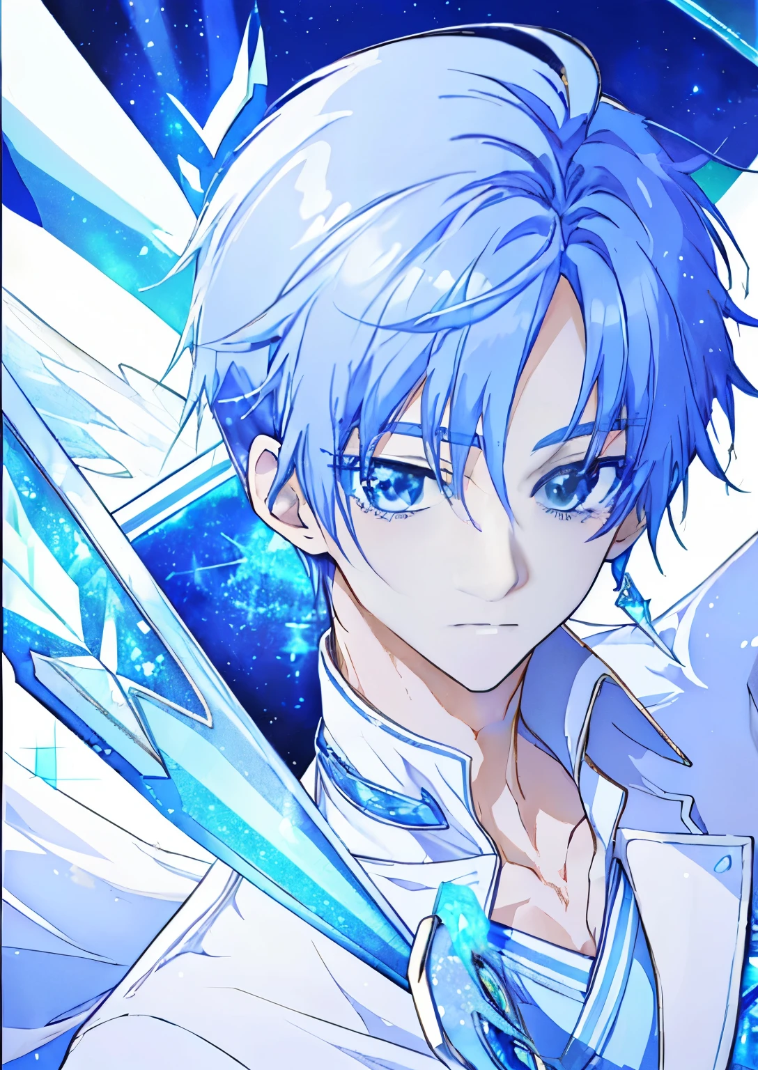 Close up of blue haired boy cartoon character、portrait of magical boy、boy in white and blue dress、heavenly aura、solo、ice aura、White and blue miniskirt、white high heels、Symphogear flavor、boy with long dark blue hair、sapphire prince、official character art, style of magical boy、magical boy、anime boy、official art、High resolution、sparkling magical boy、With shining blue eyes