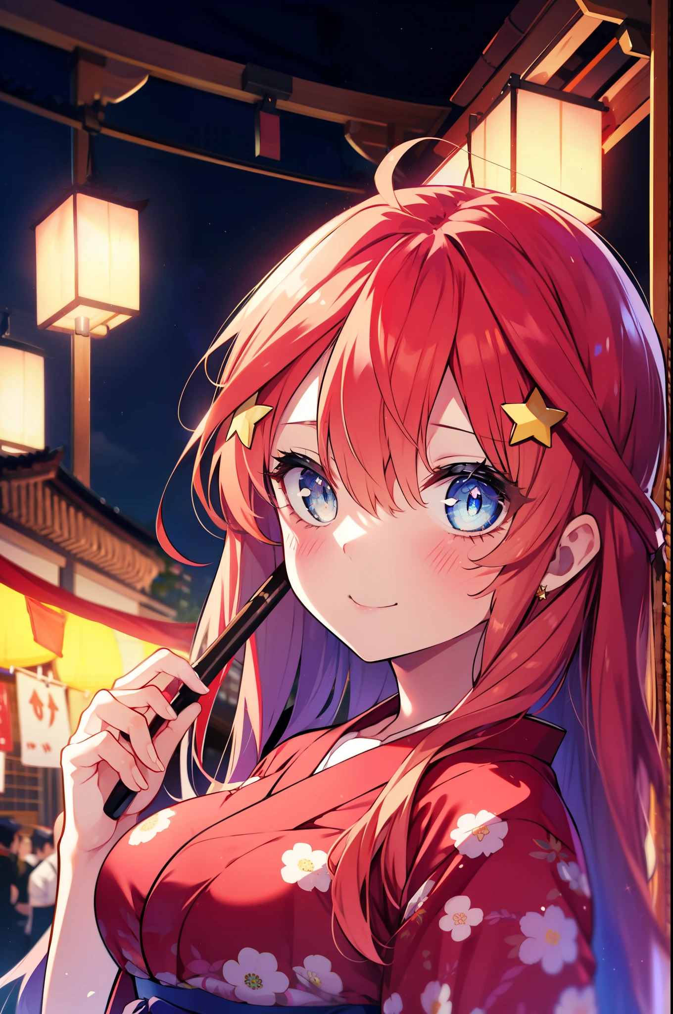 itsukinakano, Itsuki Nakano, bangs, blue eyes, hair between eyes, Ahoge, redhead, star \(symbol\), hair ornaments, star hair ornaments,Akabu&#39;s glasses,smile,blush,happy atmosphere,long hair,tie hair back,red floral yukata,long skirt,Zori sandals,Girl in yukata holding a stick with cotton candy at a festival，japanese festival,summer festival stalls,Red lantern,night,
break indoors, shrine,
break (masterpiece:1.2), highest quality, High resolution, unity 8k wallpaper, (shape:0.8), (fine and beautiful eyes:1.6), highly detailed face, perfect lighting, Very detailed CG, (perfect hands, perfect anatomy),