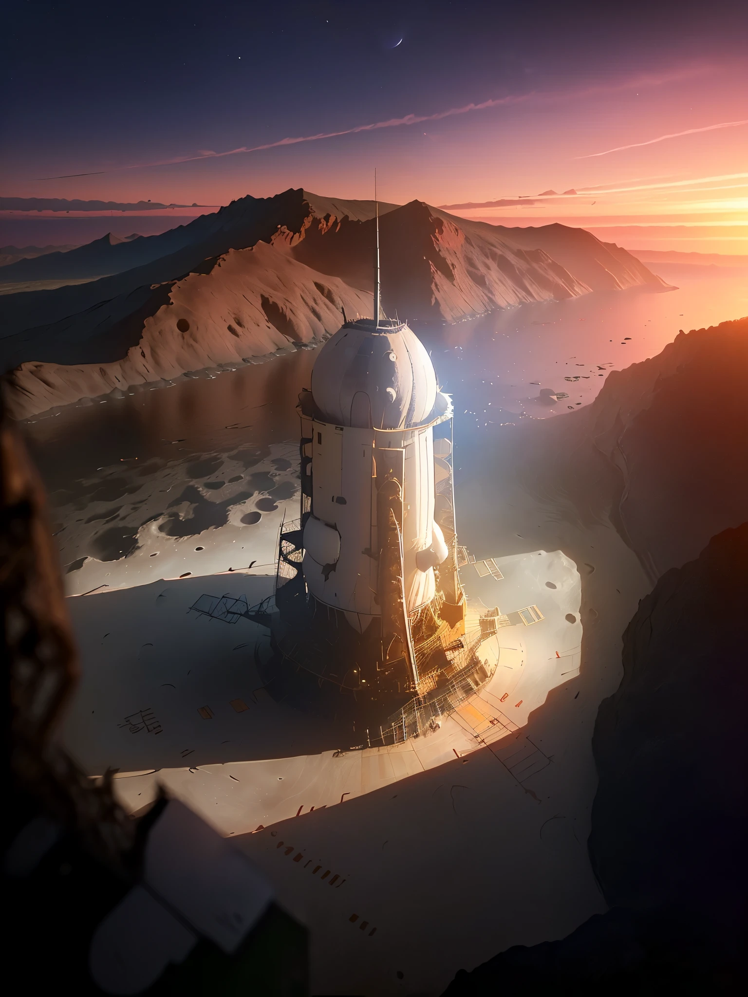 ((aerial view:1.5)),((of Apollo 11 moon landing:1.5), (hyper detailed: 1.3), ((a beautiful lunar landscape below: 1.3)), ((Imaginative scene)), (( meticulously detailed: 1.3)), ((best quality) ), ((masterpiece)), 3D, , (((sunset:1.2))), (photorealistic:1.4) , ((front camera)), ( (Movie lighting: 1.2)), 32k.