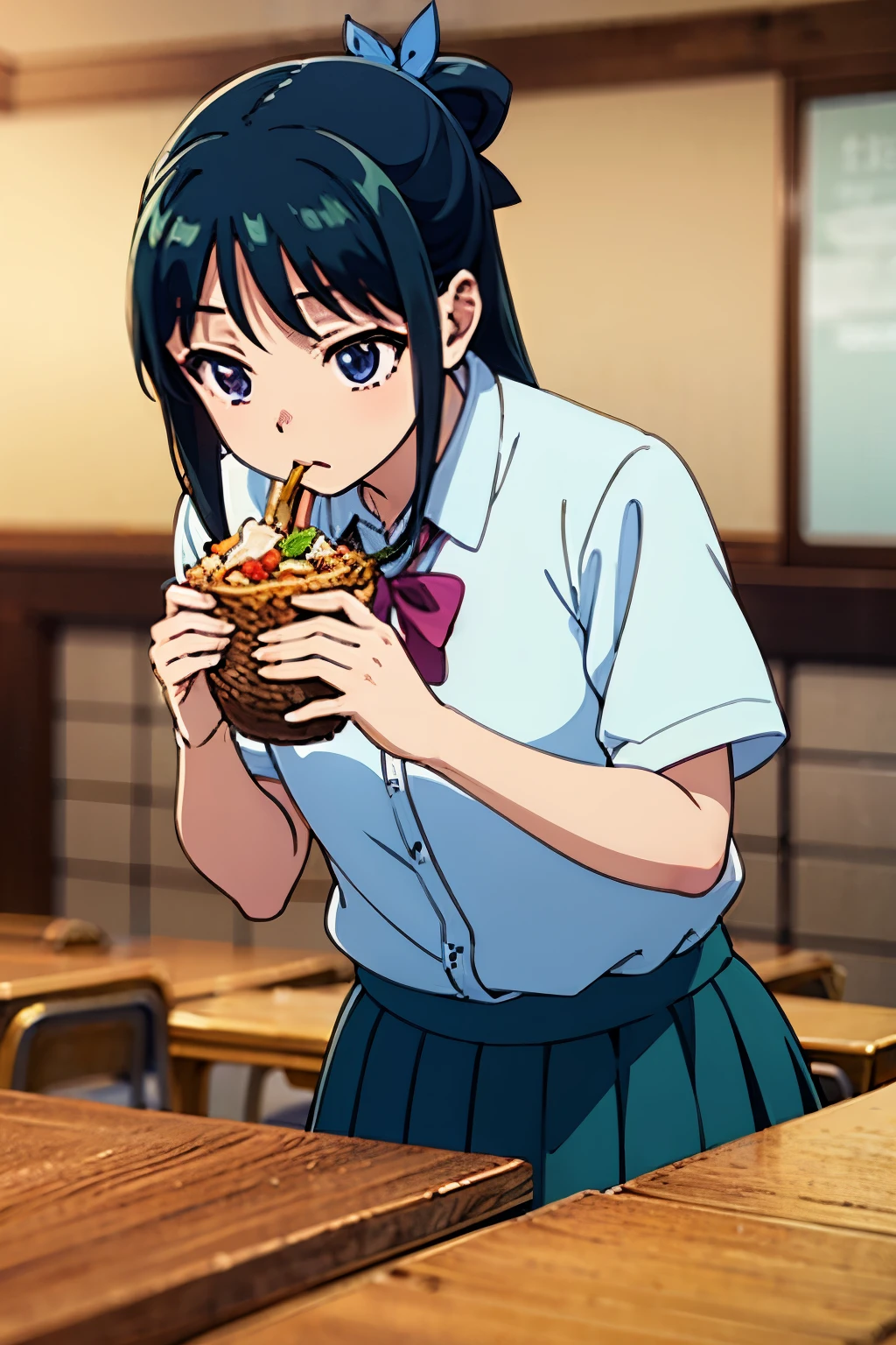 Japanese high school girls wearing uniforms。white shirt、black skirt、School、eating lunch on the desk