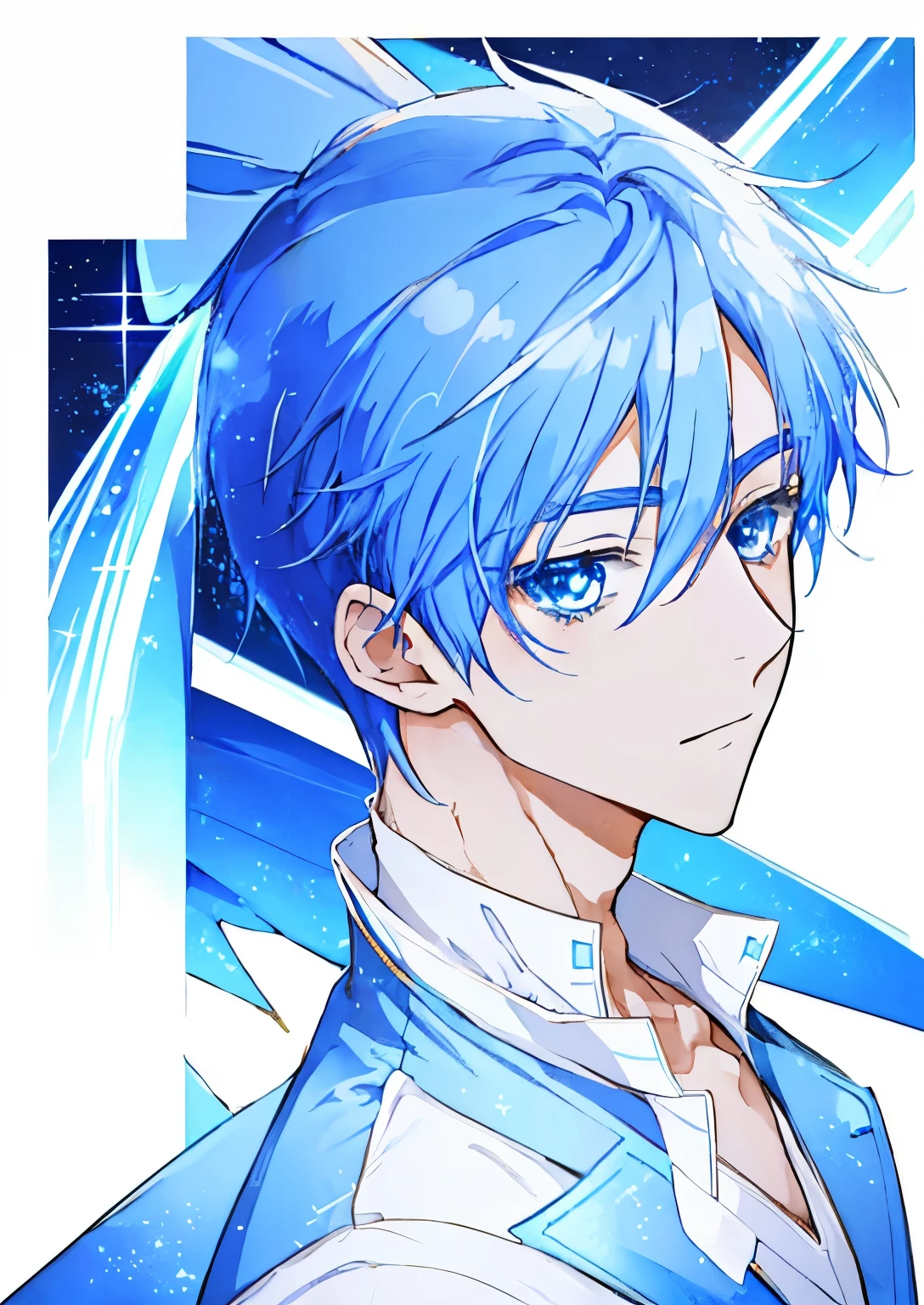 Close up of blue haired boy cartoon character、portrait of magical boy、boy in white and blue dress、heavenly aura、solo、ice aura、White and blue miniskirt、white high heels、Symphogear flavor、boy with long dark blue hair、sapphire prince、official character art, style of magical boy、magical boy、anime boy、official art、High resolution、sparkling magical boy、With shining blue eyes