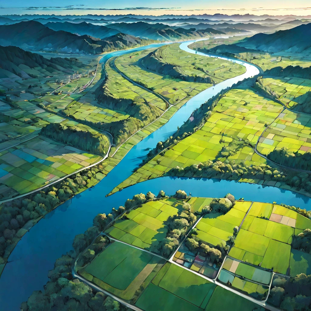 Aerial View, aesthetic, extremely detailed, Aerial View,sweeping panoramic expanse,patchwork quilt of fields,ribbon-like meandering rivers,steel-and-glass urban sprawl,fleeting shadows of passing clouds,terrain undulating with hills and valleys,dappled sunlight kissing treetops,muted palette of earth tones,night,low-light amplification,star-speckled sky,moonlit landscape,ethereal glow from distant towns,shadows stretching into oblivion,camera settings,wide aperture,high ISO,slow shutter speed,steady drone stabilization,manual focus adjusted for infinite view,mood/feelings and atmosphere,tranquil serenity,quietude of the world from above,melancholic beauty in isolation,sublime sense of scale,artistic medium as well as techniques,digital painting,oil on canvas,pointillism,panoramic photography,multiple exposure layering,artists, illustrators, painters, art movements,David Hockney,Yayoi Kusama,Bob Ross,Andy Warhol's pop art,Hudson River School,Japanese Ukiyo-e