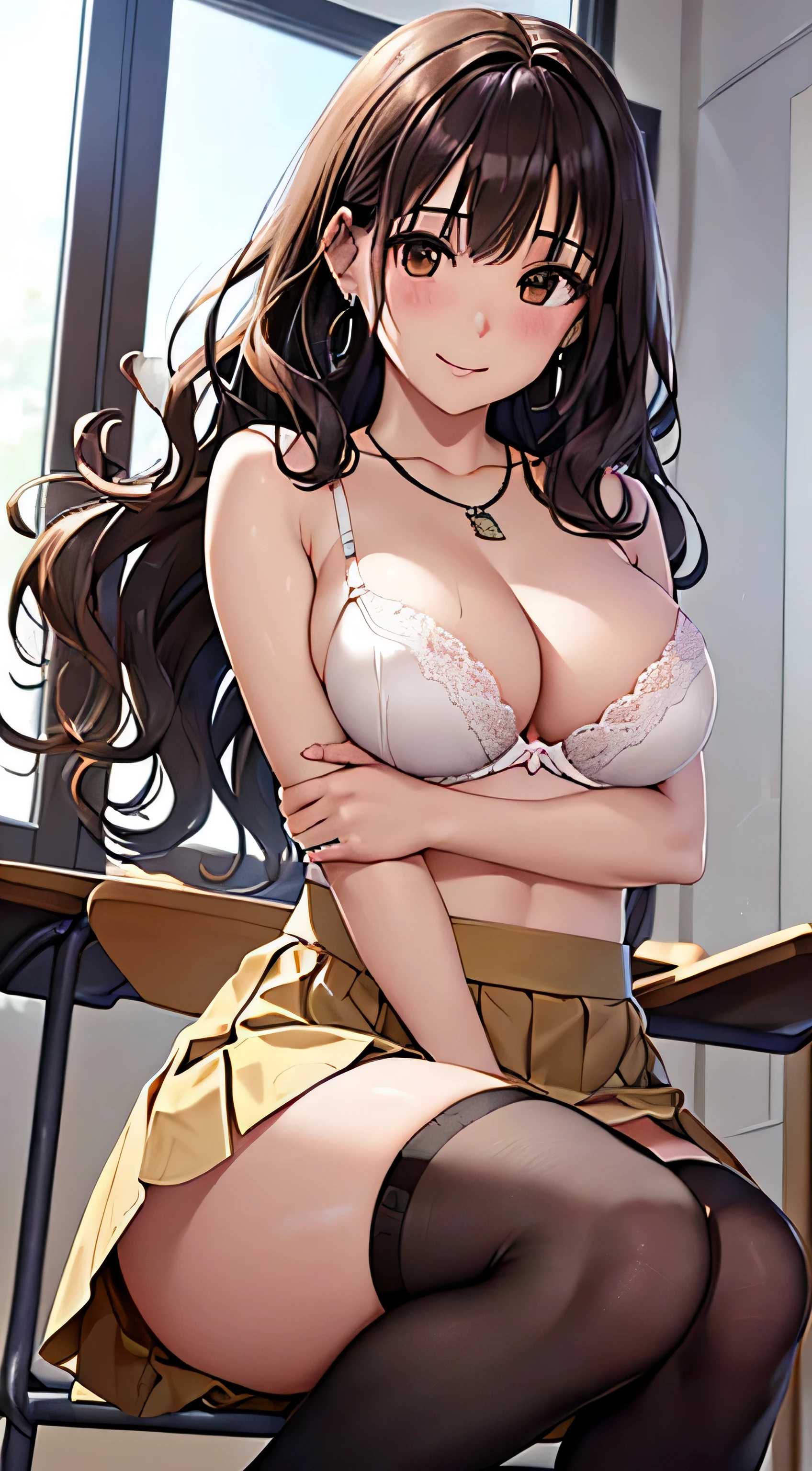 (table top, highest quality, High resolution, , perfect pixel, 4k,), 1 girl, single, alone, Beautiful woman、I could see the whole body、 ((Wavy mid-hair, bangs, brown hair)), ((brown eyes, beautiful eyelashes, realistic eyes)), ((detailed face, blush:1.2)), ((smooth texture:0.75, realistic texture:0.65, realistic:1.1, Anime CG style)), medium breasts, dynamic angle, perfect body, ((, female teacher, , earrings、necklace、、beige flared skirt、black knee high stockings、open both legs wide、、shy smile、Sit on the floor、leaning forward)), Upper grade、、、evening、、(You can see her white lace panties and bra、、(Bring your chest and arms together、Lift up your skirt and show your panties、The wind blows up my skirt)、angle from below)、