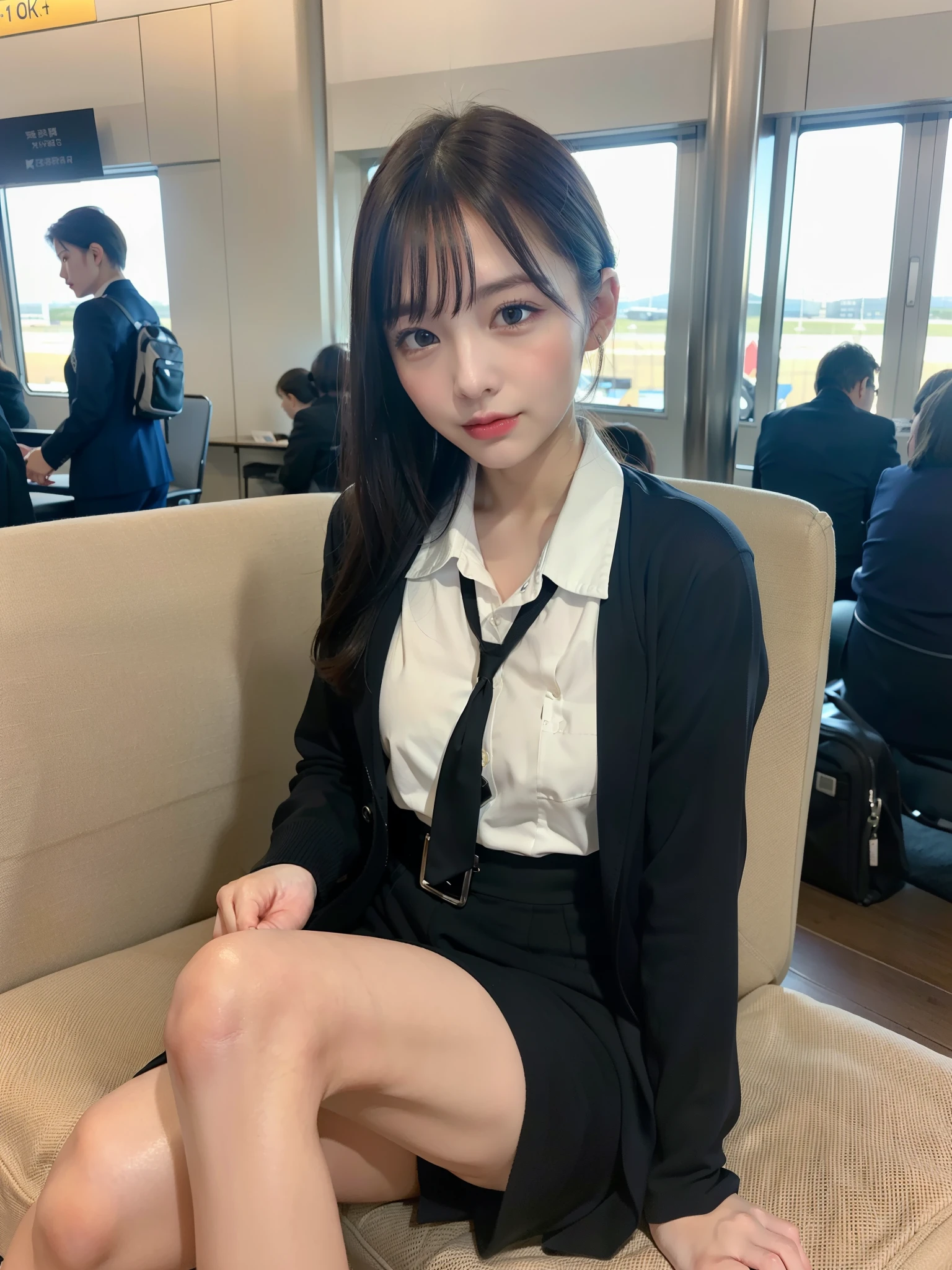 ((Best of the highest quality, 8k, Masterpiece: 1.3, raw photo)), Sharp focus: 1.2, (1 AESPA girl: 1.1), (Solo: 1.18), (realistic, photo-realistic:1.37), face focus, cute face, finely eyes, (Small breasts, flat chest, Thigh: 1.3), (airline uniform: 1.4), short messy hair, (sitting on bed, airport, terminal: 1.32)