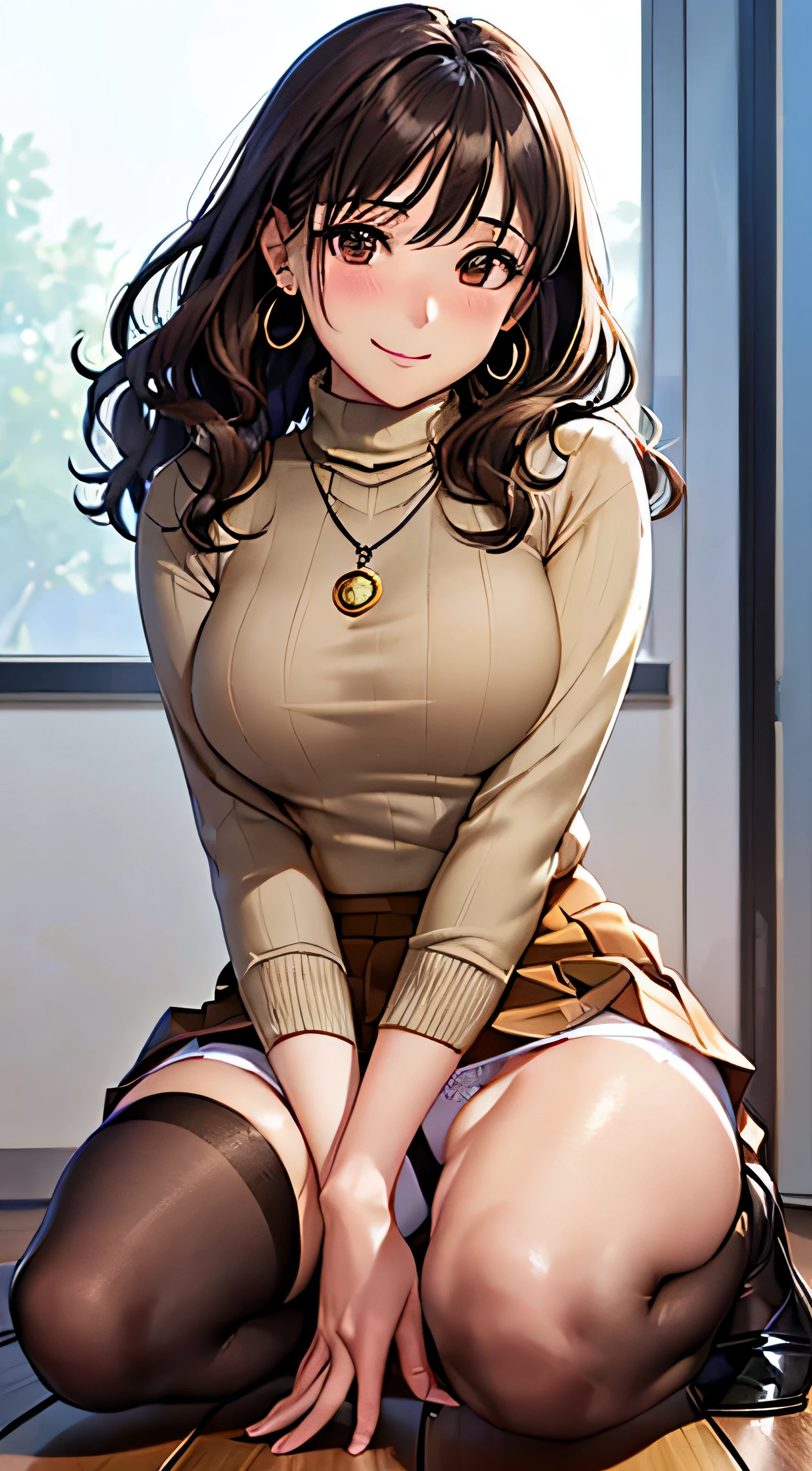 (table top, highest quality, High resolution, , perfect pixel, 4k,), 1 girl, single, alone, Beautiful woman、I could see the whole body、 ((Wavy mid-hair, bangs, brown hair)), ((brown eyes, beautiful eyelashes, realistic eyes)), ((detailed face, blush:1.2)), ((smooth texture:0.75, realistic texture:0.65, realistic:1.1, Anime CG style)), medium breasts, dynamic angle, perfect body, ((, female teacher, , earrings、necklace、turtleneck sweater、beige flared skirt、black knee high stockings、open both legs wide、、shy smile、Sit on the floor、leaning forward)), Upper grade、、、evening、、(You can see the white and pink lace panties、、(Bring your chest and arms together、Lift up your skirt and show your panties、The wind blows up my skirt)、angle from below)、