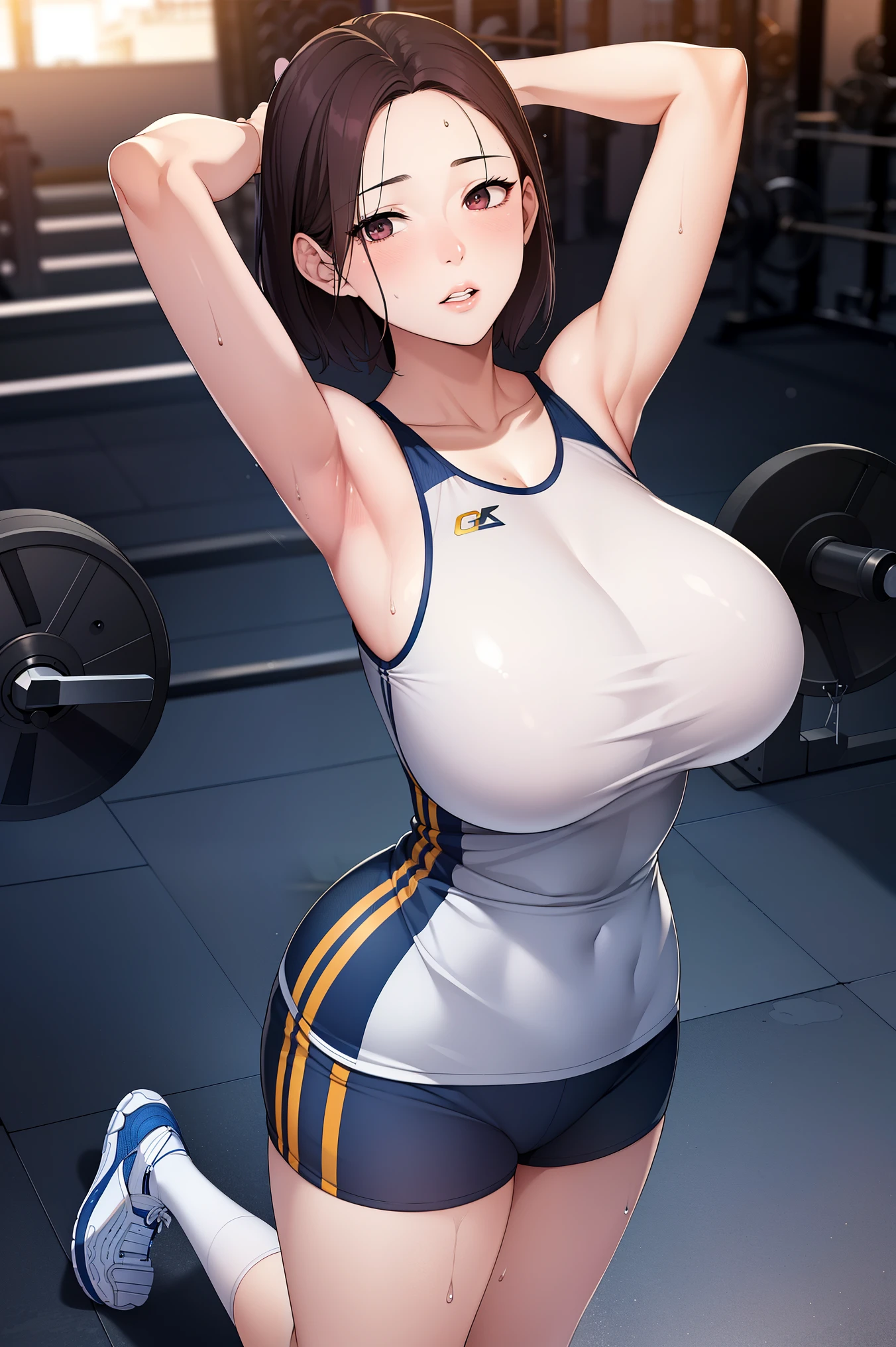 (Highly detailed CG Unity 8k wallpaper, highest quality, Super detailed, masterpiece), Very knowledgeable cute girl, 25 years old, logic, 腹logic, round eyes, viewer, blush, parted lips, full body shot , sportswear , Gym, armpit, short hair, armpit, skin shining with sweat, , big breast, narrow waist 