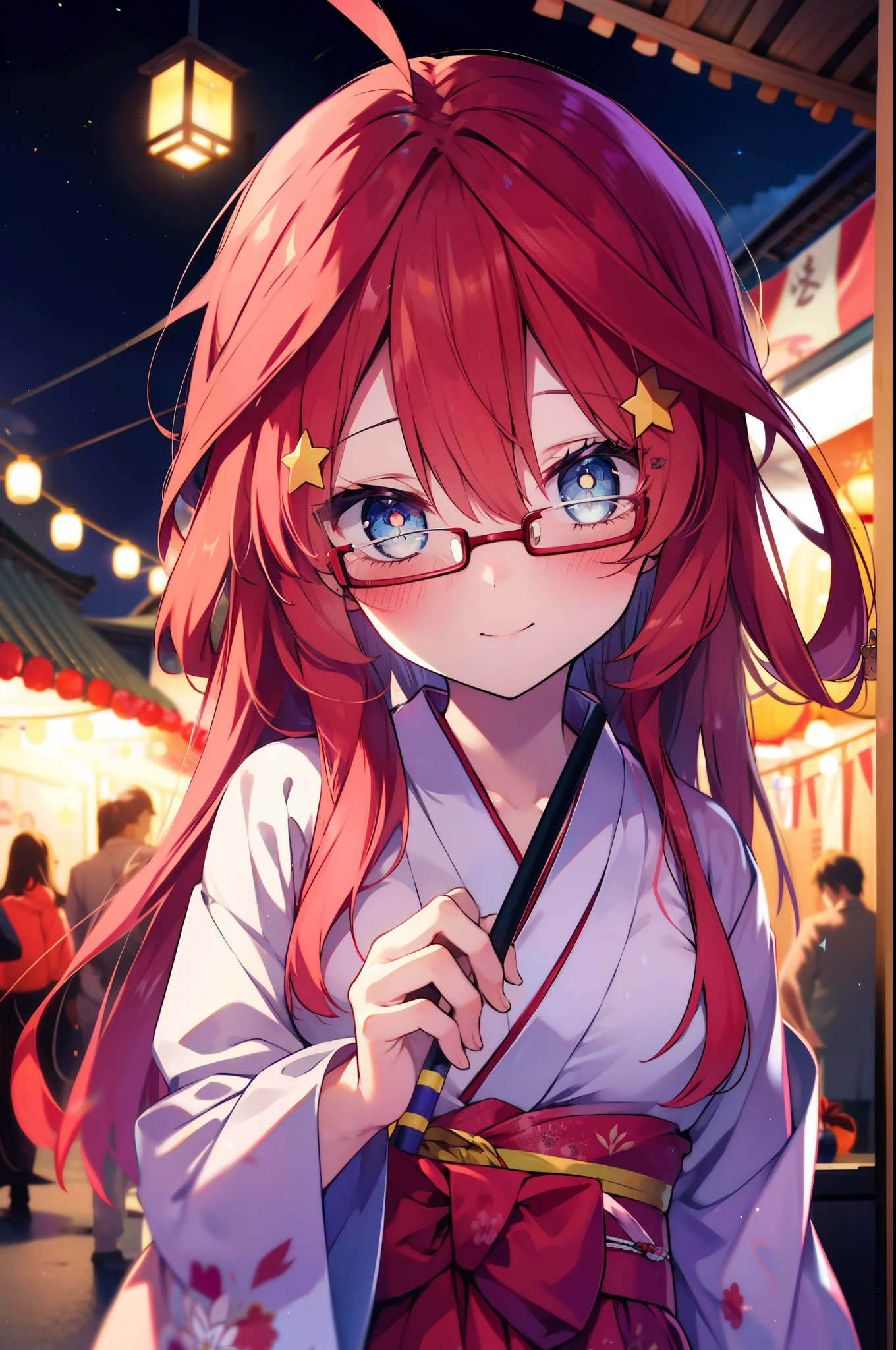 itsukinakano, Itsuki Nakano, bangs, blue eyes, hair between eyes, Ahoge, redhead, star \(symbol\), hair ornaments, star hair ornaments,Akabu's glasses,smile,blush,happy atmosphere,long hair,tie hair back,red floral yukata,long skirt,Zori sandals,Girl in yukata holding a stick with cotton candy at a festival,japanese festival,summer festival stalls,Red lantern,night,So that the whole body goes into the illustration,
break indoors, shrine,
break (masterpiece:1.2), highest quality, High resolution, unity 8k wallpaper, (shape:0.8), (fine and beautiful eyes:1.6), highly detailed face, perfect lighting, Very detailed CG, (perfect hands, perfect anatomy),