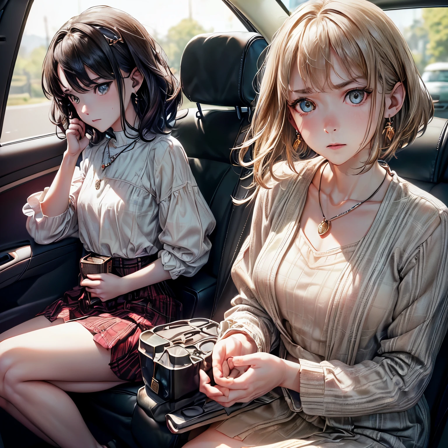 ((Biologically correct number of limbs))、((natural finger shape))、((full body shot, Full body photo including face、head to toe photo))、4K、masterpiece、((focus on the face))、((Symmetrical facial features))、Eyes of minute description、Beautiful woman、outstanding style、beautiful clavicle、beautiful legs、slender body、(small ass、thin thighs)、(stockings、high heels)、Detailed depiction of faces、small earrings、necklace、Low - Angle、(Upper body shirt、Lower body plaid skirt)、woman sitting in the passenger seat of a car、embarrassed expression、Shooting from the driver's seat、one person、