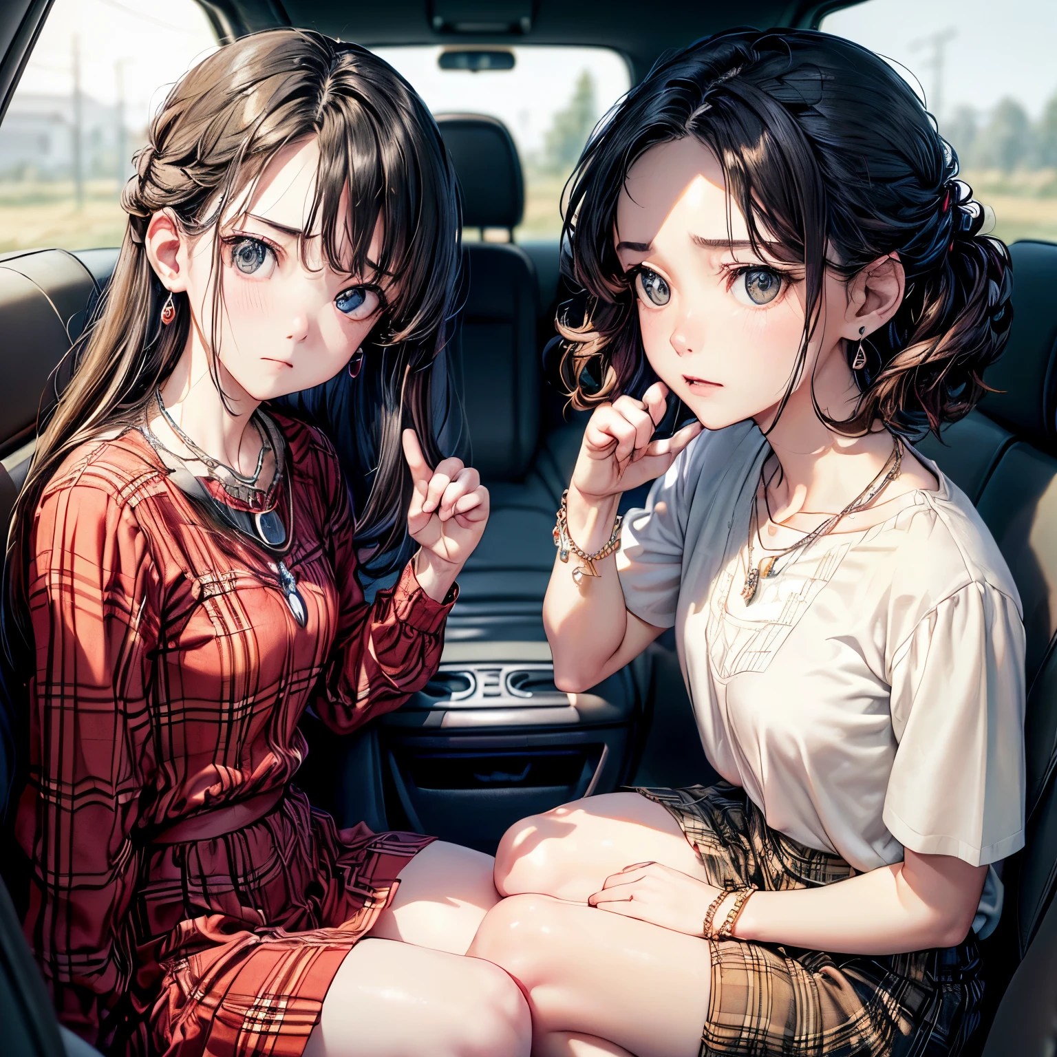 ((Biologically correct number of limbs))、((natural finger shape))、((full body shot, Full body photo including face、head to toe photo))、4K、masterpiece、((focus on the face))、((Symmetrical facial features))、Eyes of minute description、Beautiful woman、outstanding style、beautiful clavicle、beautiful legs、slender body、(small ass、thin thighs）、(stockings、high heels）、Detailed depiction of faces、small earrings、necklace、Low - Angle、(Upper body shirt、Lower body plaid skirt）、sitting in the passenger seat of the car、embarrassed expression、