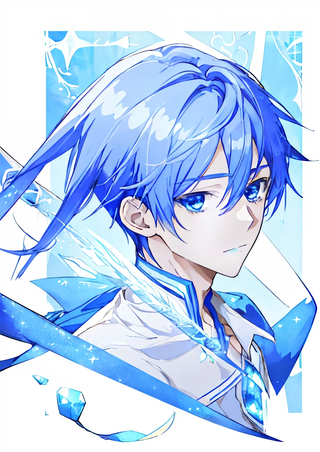 Close up of blue haired boy cartoon character、portrait of magical boy、boy in white and blue dress、heavenly aura、solo、ice aura、White and blue miniskirt、white high heels、Symphogear flavor、boy with long dark blue hair、sapphire prince、official character art, style of magical boy、magical boy、anime boy、official art、High resolution、sparkling magical boy、With shining blue eyes