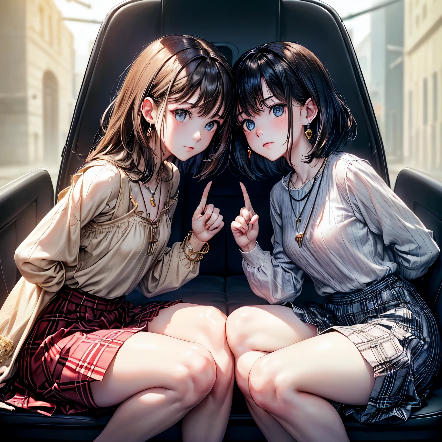 ((Biologically correct number of limbs))、((natural finger shape))、((full body shot, Full body photo including face、head to toe photo))、4K、masterpiece、((focus on the face))、((Symmetrical facial features))、Eyes of minute description、Beautiful woman、outstanding style、beautiful clavicle、beautiful legs、slender body、(small ass、thin thighs）、(stockings、high heels）、Detailed depiction of faces、small earrings、necklace、Low - Angle、(Upper body shirt、Lower body plaid skirt）、sitting in the passenger seat of the car、embarrassed expression、