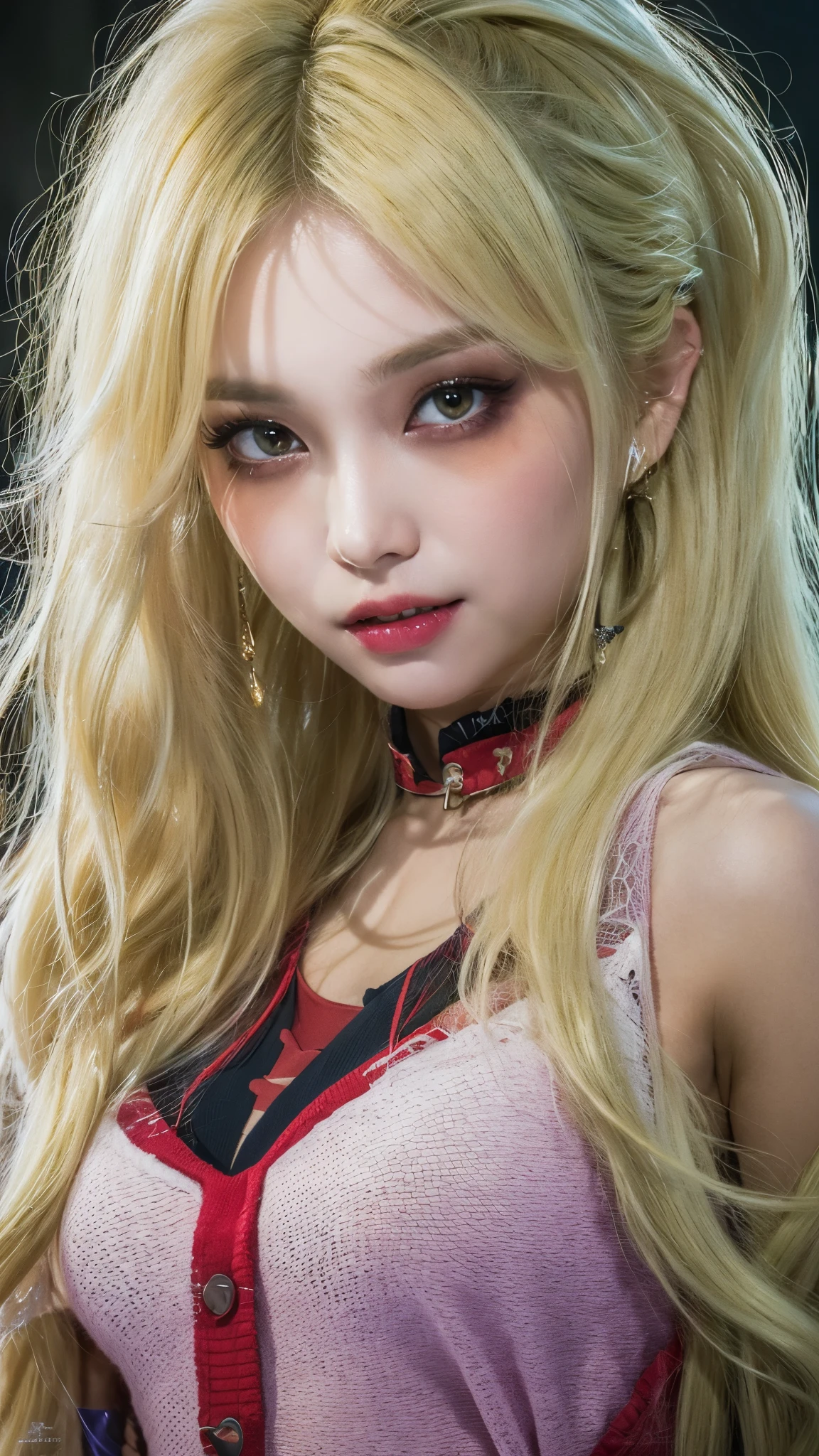Highly detailed CG Unity 8k wallpaper, highest quality, Super detailed, masterpiece, realistic, photo realistic, Very knowledgeable cute girl, 18-year-old,  ((Vampire attire、vampire makeup、Vampire Fangs))、((blonde hair:1.4)), ((dyed blonde hair)),  round eyes, viewer,   bikini, blush, parted lips , full body shot ,straight hair