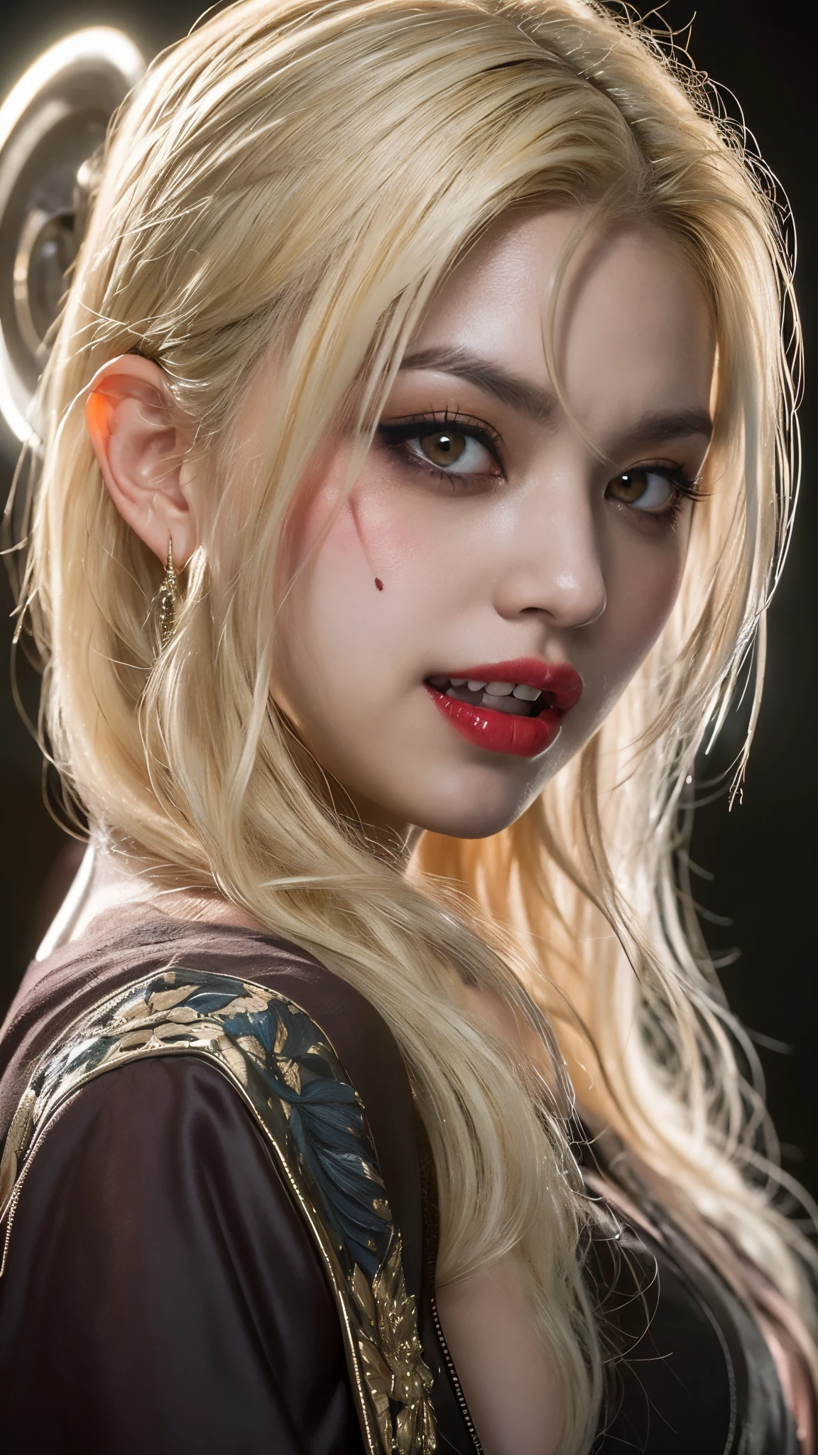 Highly detailed CG Unity 8k wallpaper, highest quality, Super detailed, masterpiece, realistic, photo realistic, Very knowledgeable cute girl, 18-year-old, ((Has fangs)) ((Vampire attire、vampire makeup、Vampire Fangs))、((blonde hair:1.4)), ((dyed blonde hair)), round eyes, viewer, bikini, blush, parted lips , full body shot ,straight hair