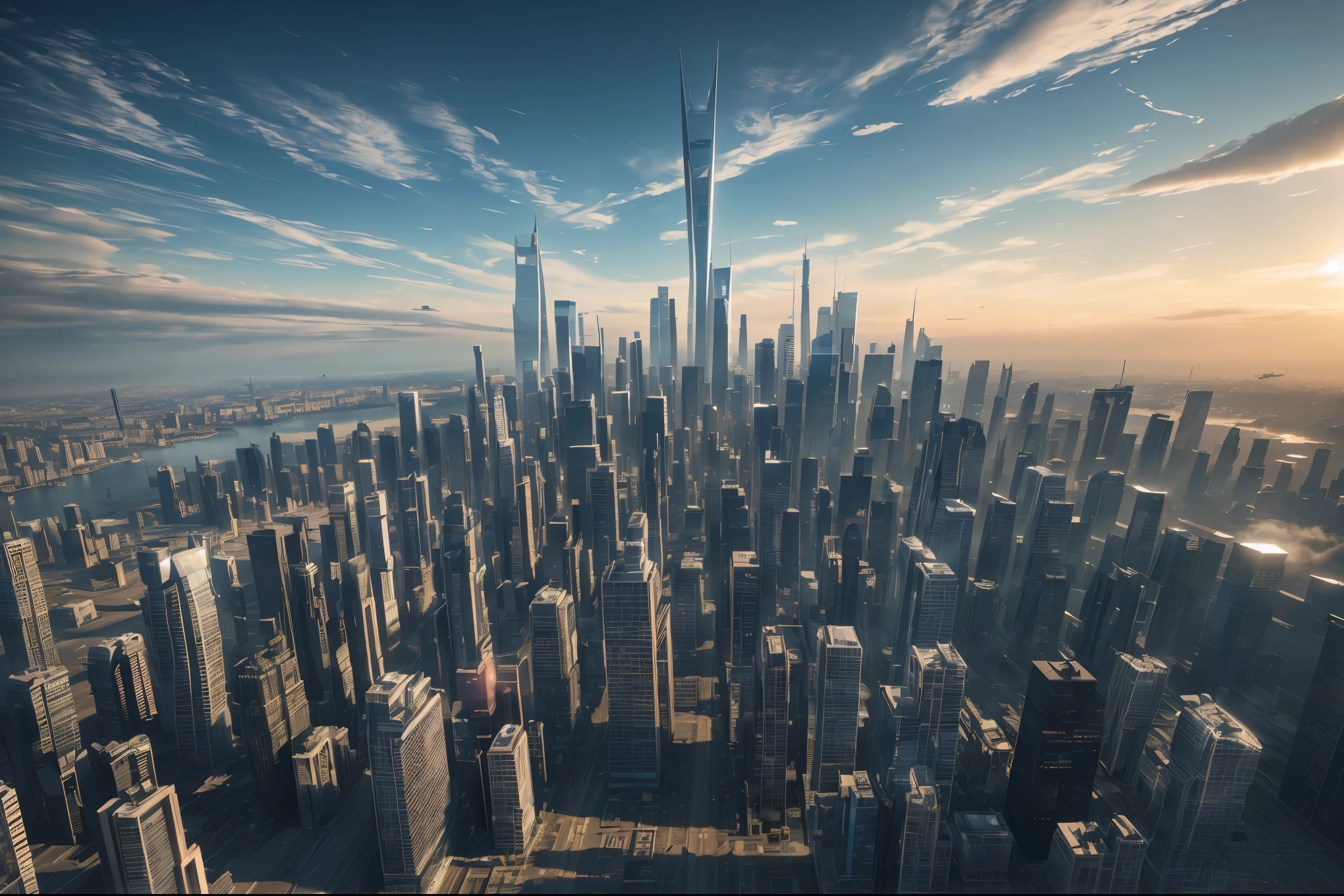 Aerial view of a futuristic city skyline with skyscrapers and buildings, captured by a drone, featuring intricate cloud patterns and dynamic lighting. The scene showcases a modern, urban landscape from a drone's perspective, emphasizing the interplay of light and shadows. The image quality is top-notch, with ultra-high resolution (best quality,4k,8k,highres,masterpiece:1.2), ultra-detailed, and photorealistic (realistic,photorealistic,photo-realistic:1.37). The art style is defined by a blend of landscape and sci-fi elements, with vibrant colors and HDR lighting.