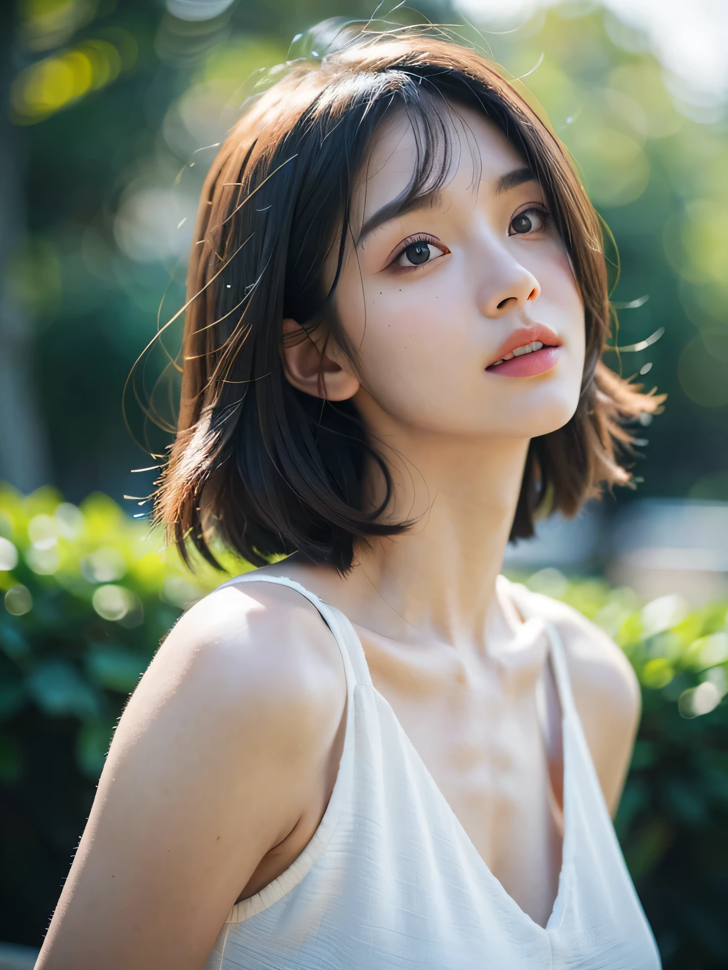 masterpiece, Best Quality, Raw photo, 8K, 1girl, Beautiful detailed skin, backlight, soft light, bashful, (shoot from front), looking up, open your mouth as if you want to say something, Luminescent, Anatomically correct, short hair, bangs, Eyes and faces with detailed, Textured skin, Professional Photography, Bokeh, Portrait, Professional Lighting, Solo, Cute, Girly, Film grain, Mini dress,
