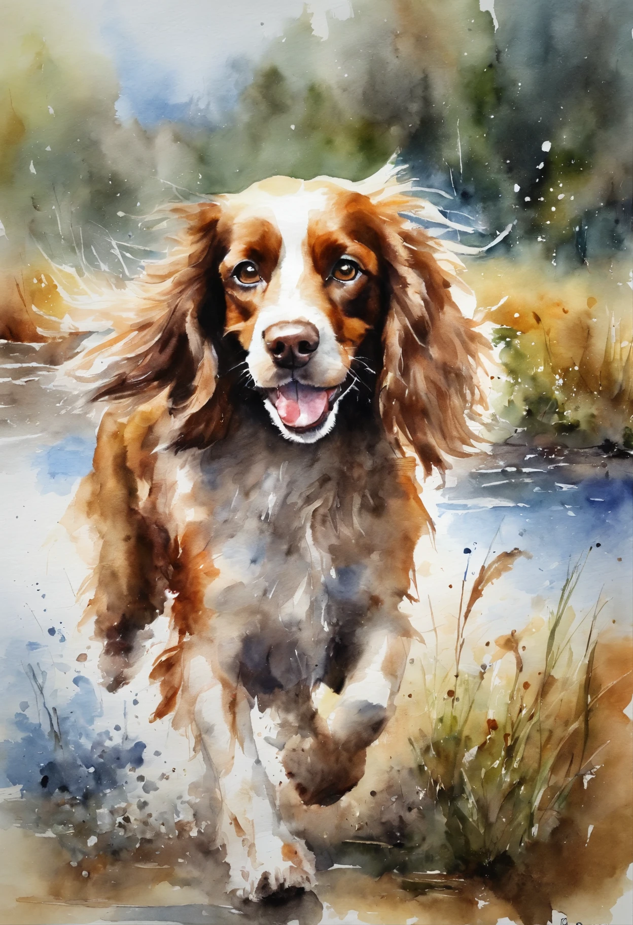 Ellie, dog breed спрингер spaniel, Sun, Vesna, March, field, running, river, spray, clouds
