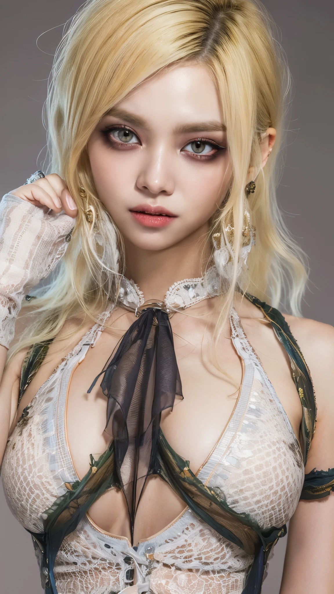 Highly detailed CG Unity 8k wallpaper, highest quality, Super detailed, masterpiece, realistic, photo realistic, Very knowledgeable cute girl, 18-year-old, ((Vampire attire、vampire makeup、Vampire Fangs))、((blonde hair:1.4)), ((dyed blonde hair)), round eyes, viewer, bikini, blush, parted lips , full body shot ,straight hair