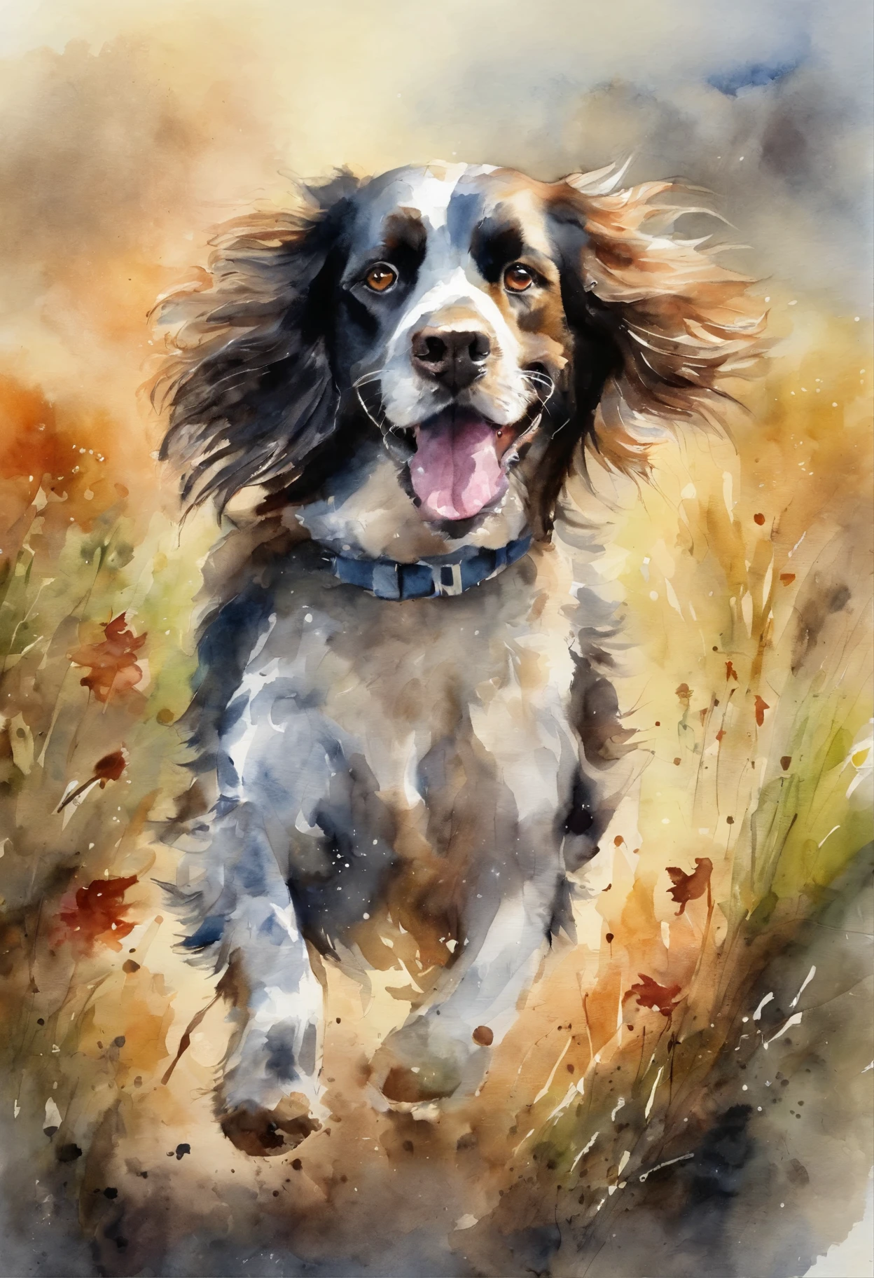 Ellie, dog breed спрингер spaniel, Sun, Vesna, March, field, running, river, spray, clouds
