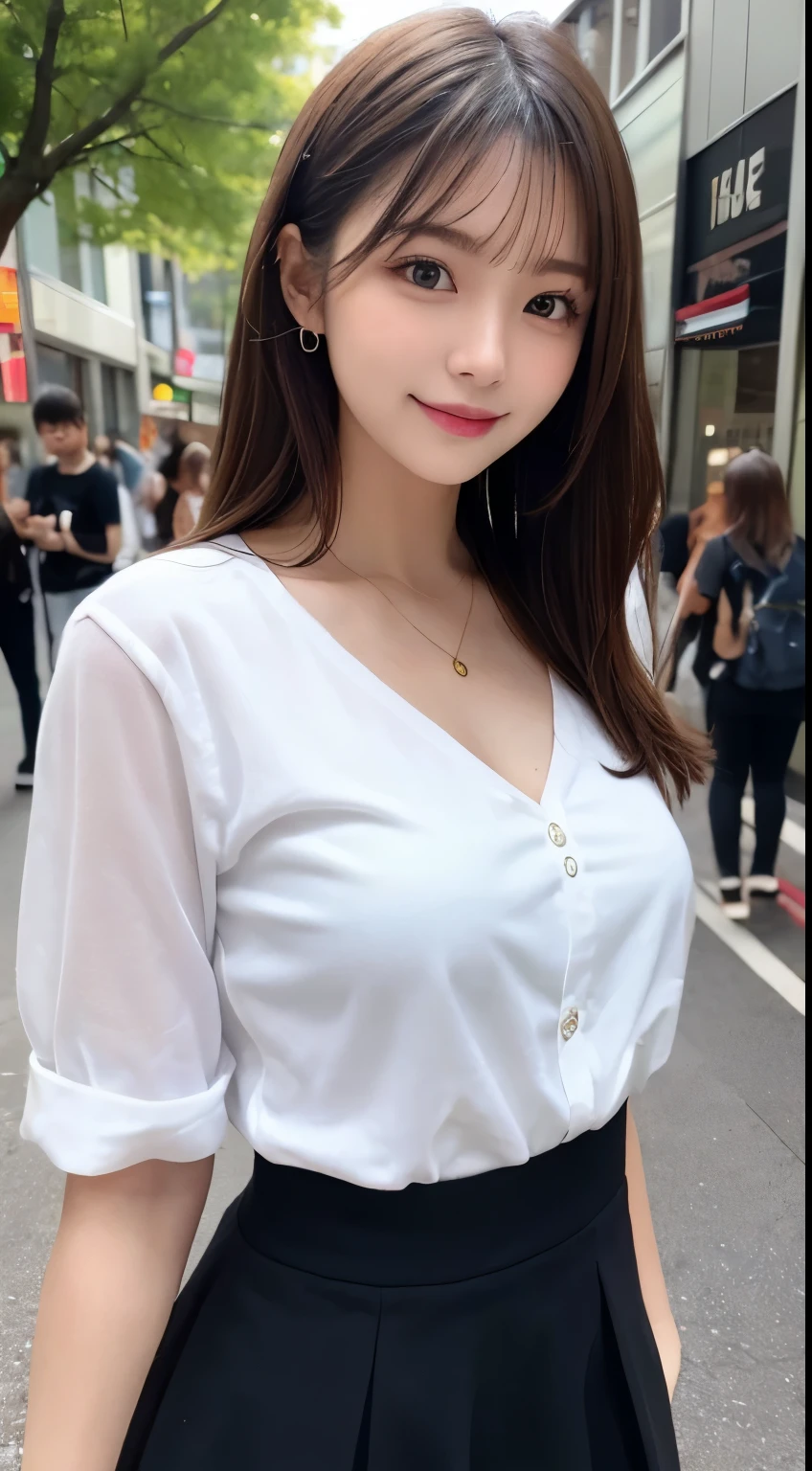 table top, highest quality, figure, super detailed, finely, High resolution, 8k wallpaper, 完璧なダイナミックな構figure, detailed and beautiful eyes, ladies fashion summer,mini skirt、medium hair,beautiful breasts、Narrow waist circumference、natural color lip, bold sexy pose,smile,Harajuku、20 year old girl、cute、sexy shot looking at camera