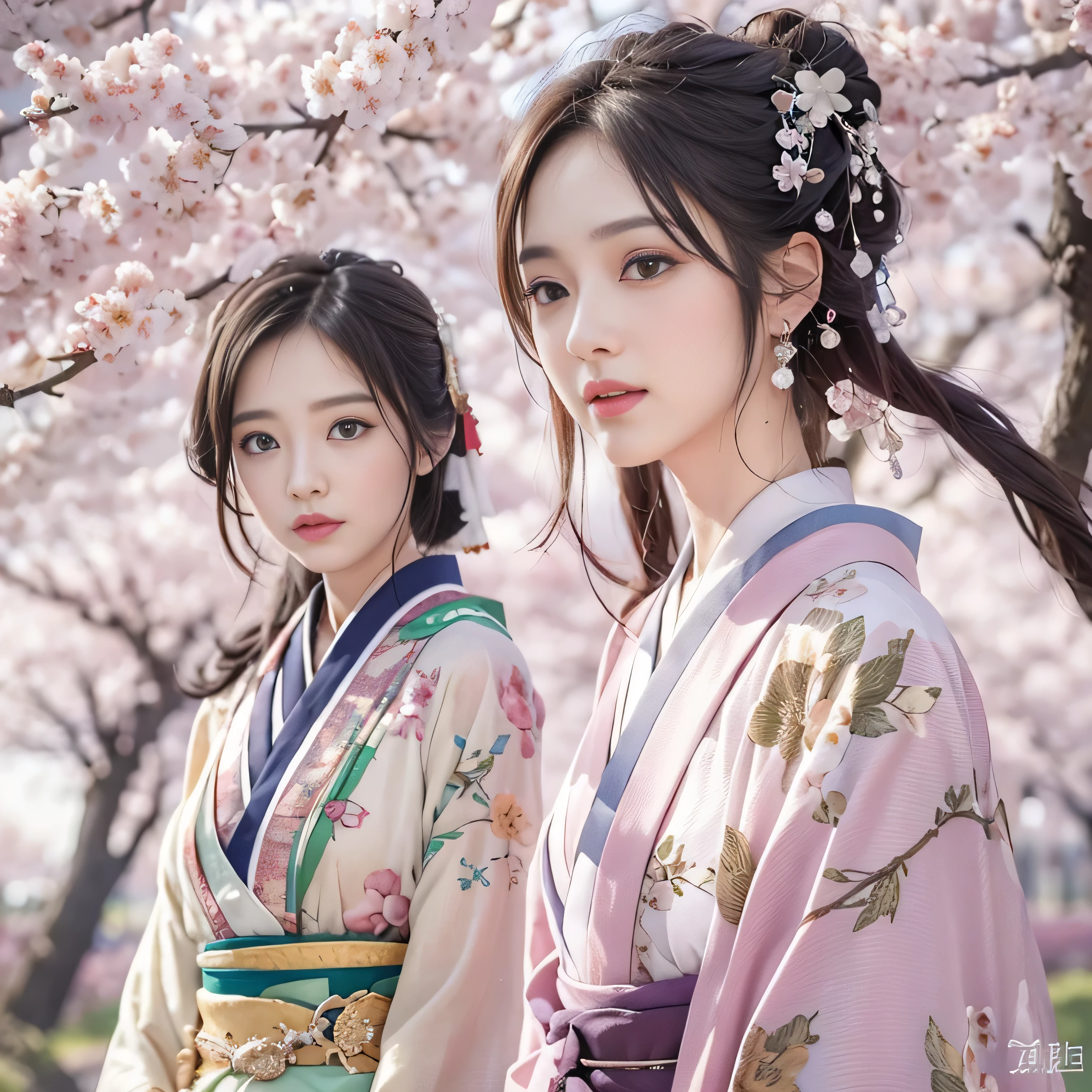 (Girls walking along the cherry blossom trees),highest quality、High resolution、Super detailed、masterpiece、(Live shooting:1.5)、genuine:1.5、photogenuineistic:1.5、very delicate and beautiful、small details、1 female、Early 20s、(super beautiful)、(beautiful face:1.5)、(detailed face:1.5)、graduation ceremony、Haori、in the same way