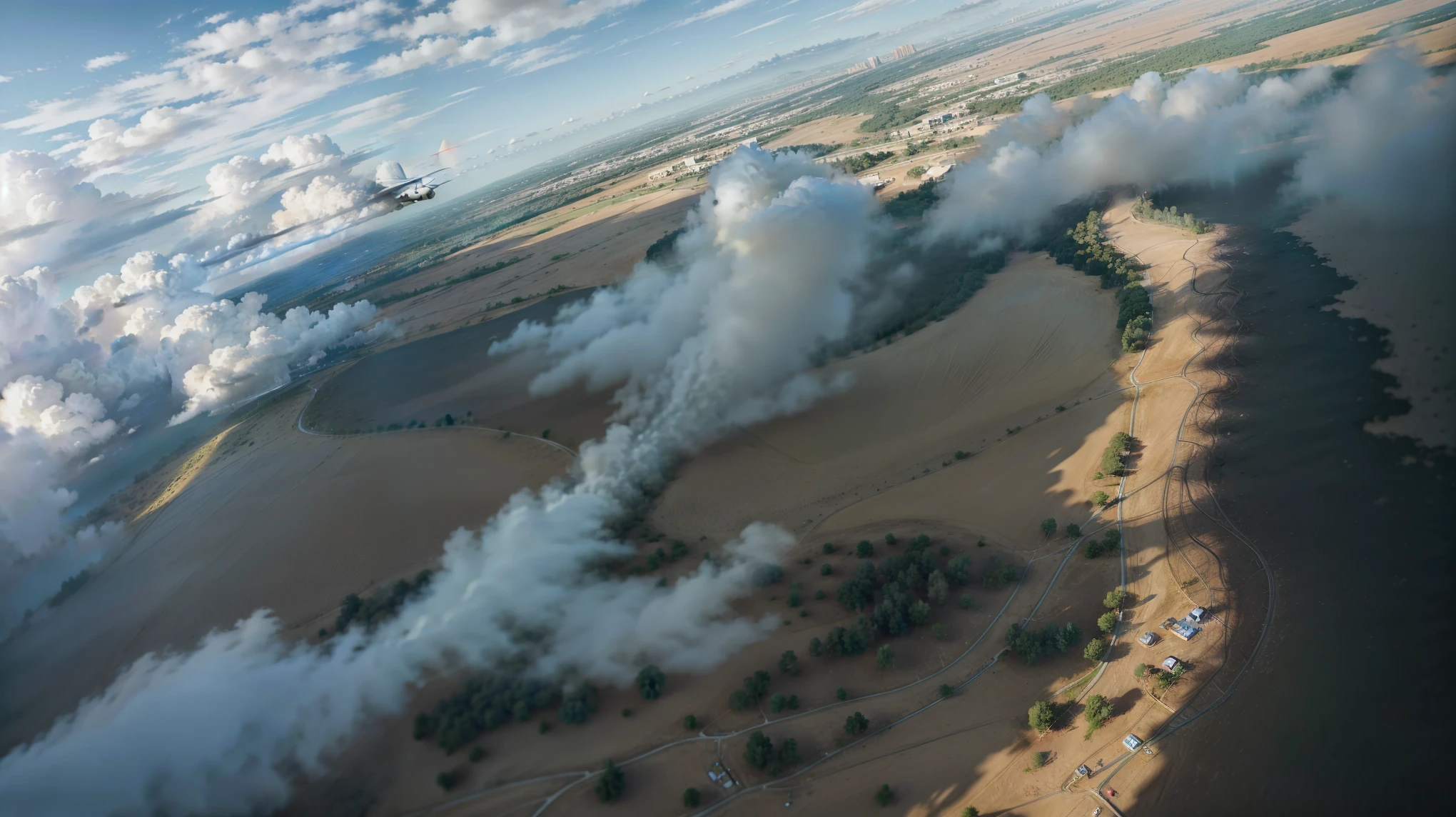 arafa view of a plane flying over a large area of land, wlop e rhads, makoto shinkai. Alto detalhe, studio lightly makoto shinkai, tempo tempestuoso. makoto shinkai, detailed scenery - width 672, makoto shinkai. —h 2160, Crescimento excessivo. por Makoto Shinkai