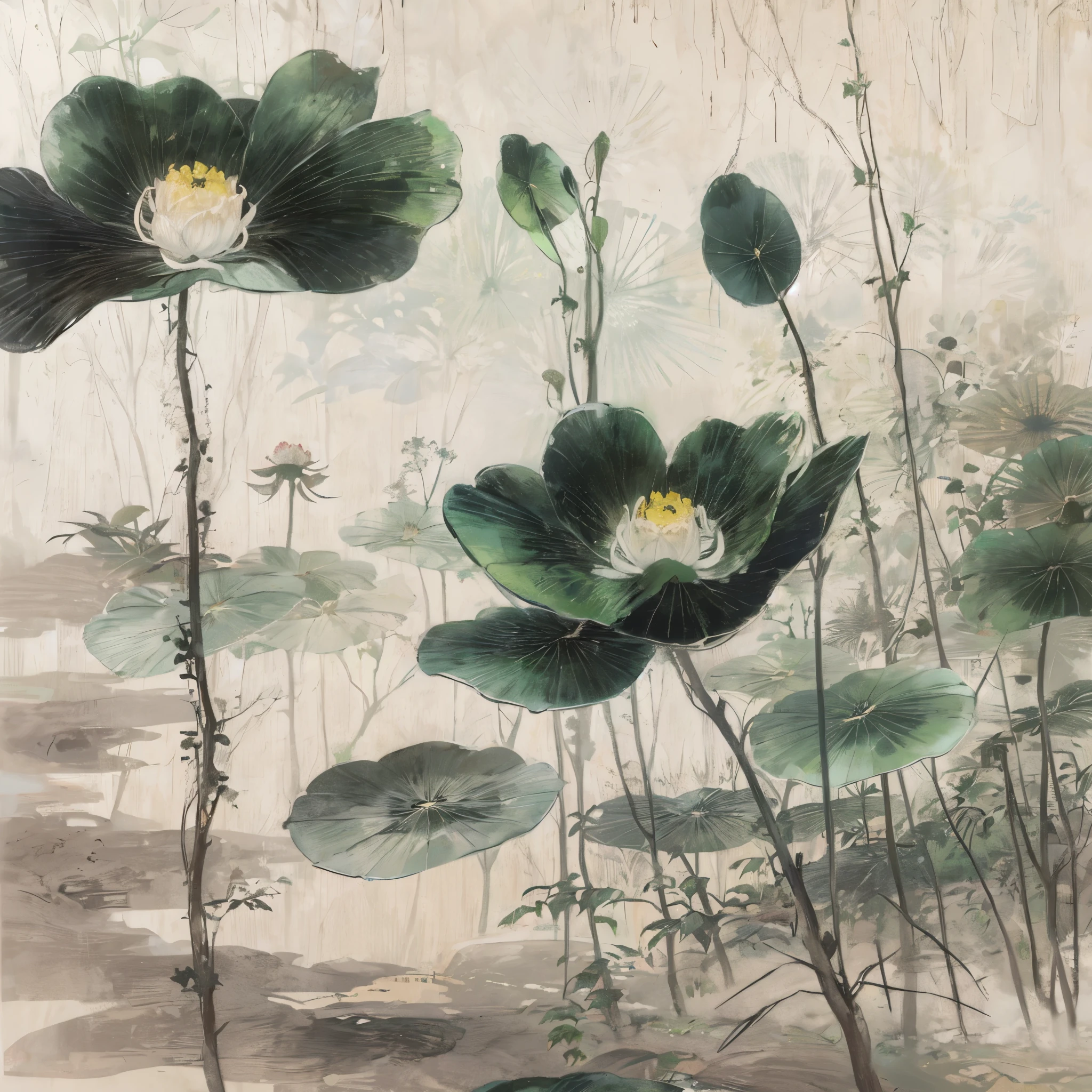 Chinese traditional ink painting，black lotus，lotus leaf