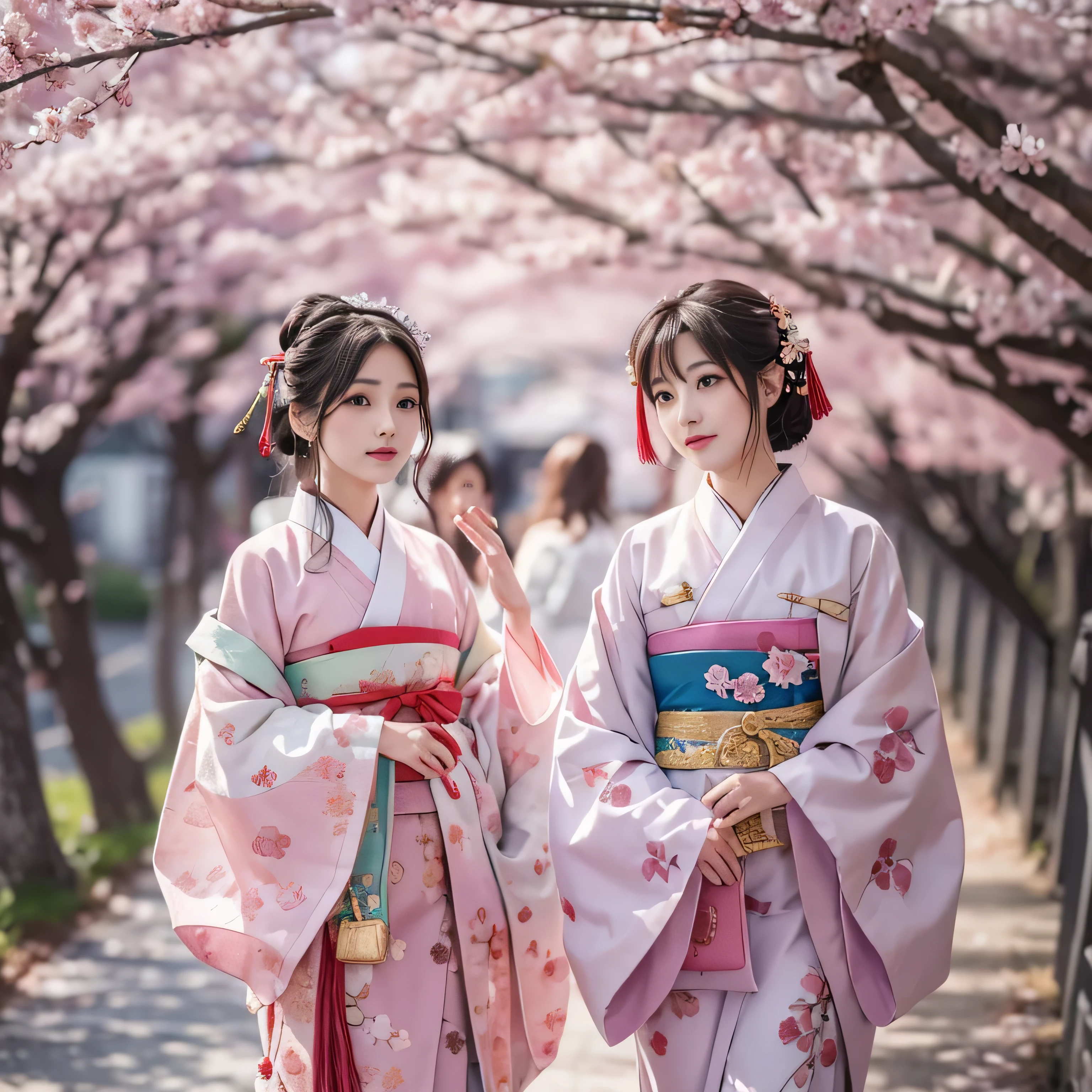 (Girls walking along the cherry blossom trees),highest quality、High resolution、Super detailed、masterpiece、(Live shooting:1.5)、genuine:1.5、photogenuineistic:1.5、very delicate and beautiful、small details、woman、Early 20s、(super beautiful)、(beautiful face:1.5)、(detailed face:1.5)、graduation ceremony、Haori、in the same way