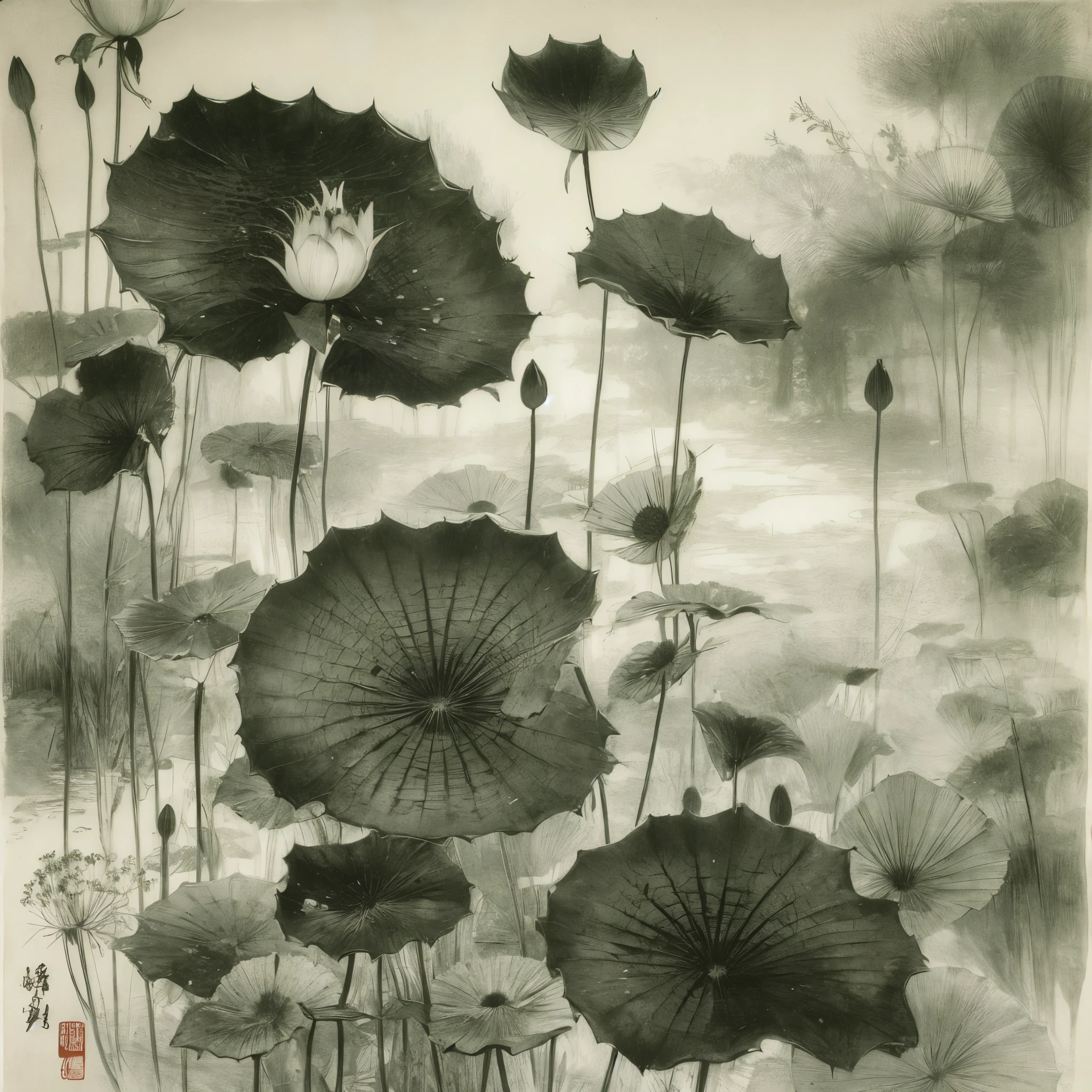 Chinese traditional ink painting，black lotus，lotus leaf