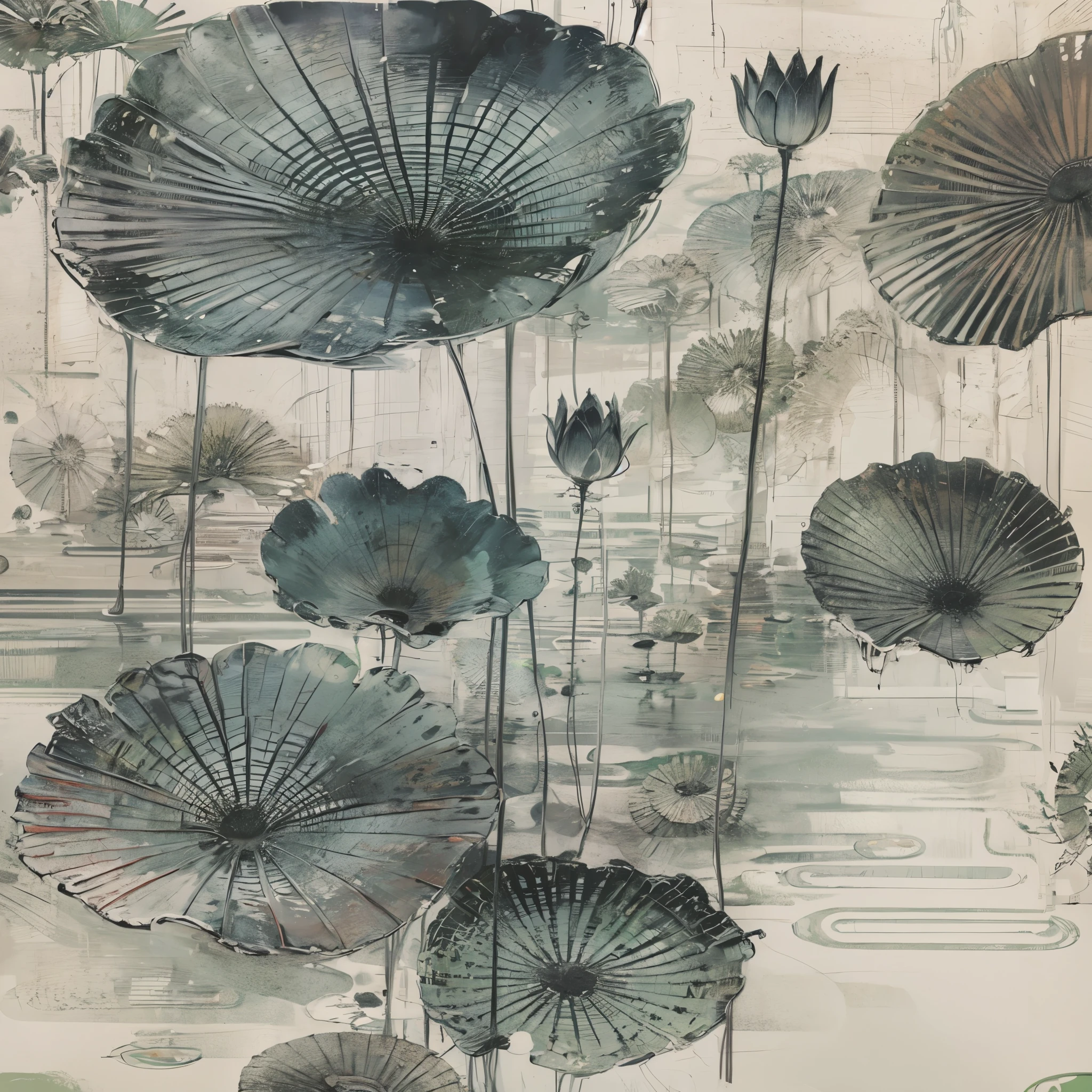 Chinese traditional ink painting，black lotus，lotus leaf