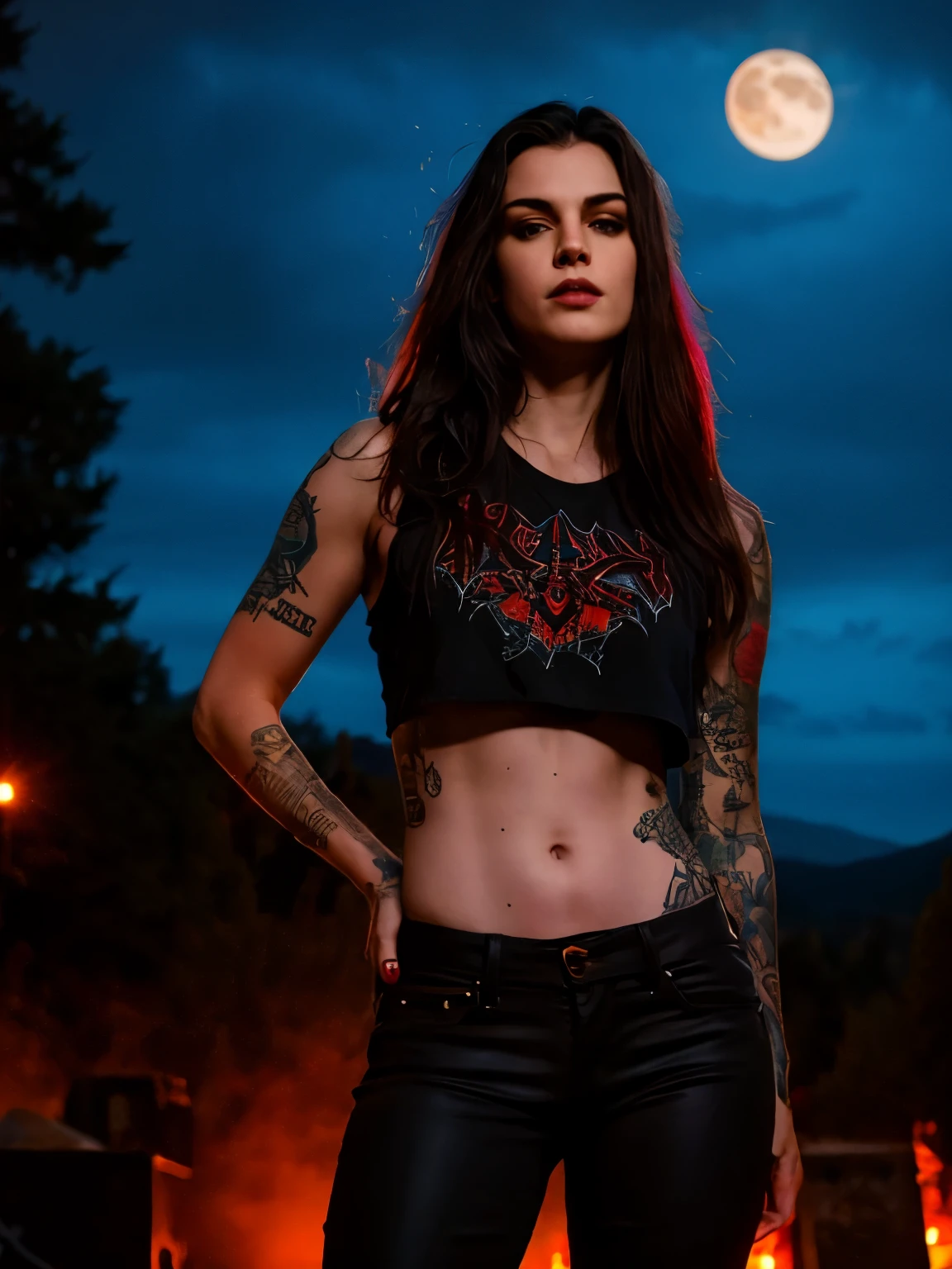 Best Quality,Masterpiece,Ultra High Resolution,(Realisticity:1.4),Original Photo,Cinematic Lighting, 1girl, solo, Metalhead Style girl in front of a cemitery at night under the moonlight, tattooed, wearing ripped black pants, black clothes, fit body, heavy metal style, heavy metal art style, angry gorgeous goddess, female vampire warrior, heavy metal concert. realistic, datailed, detailed face, 4K.