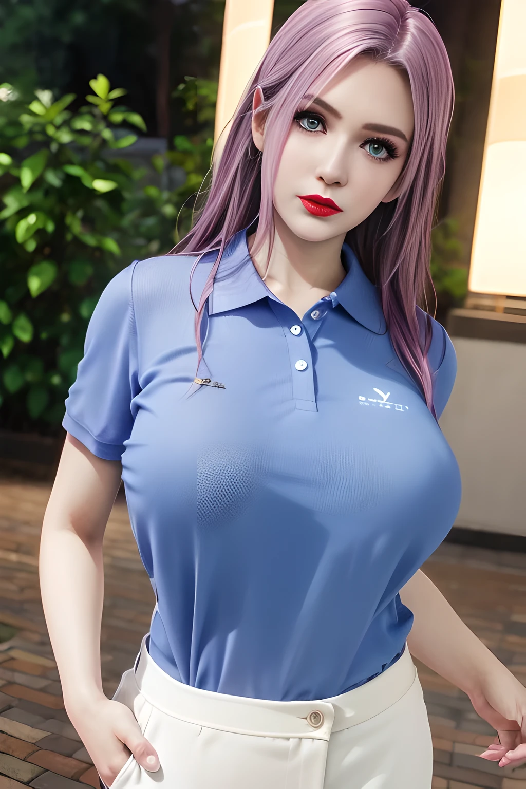 night,moonlight,1 girl,(White polo shirt:1.4),(casual pants),Outdoor activities, (standing posture),grace,(((red lips))), Lips slightly open, clavicle,(huge breasts:1.3),skin shiny,((8k, original photo, top quality, masterpiece)), HD RAW color photos professional close-up photos, (actual, photorealism: 1.37), (best quality),8k,Define detailed faces, tiny details,alone,Alice,