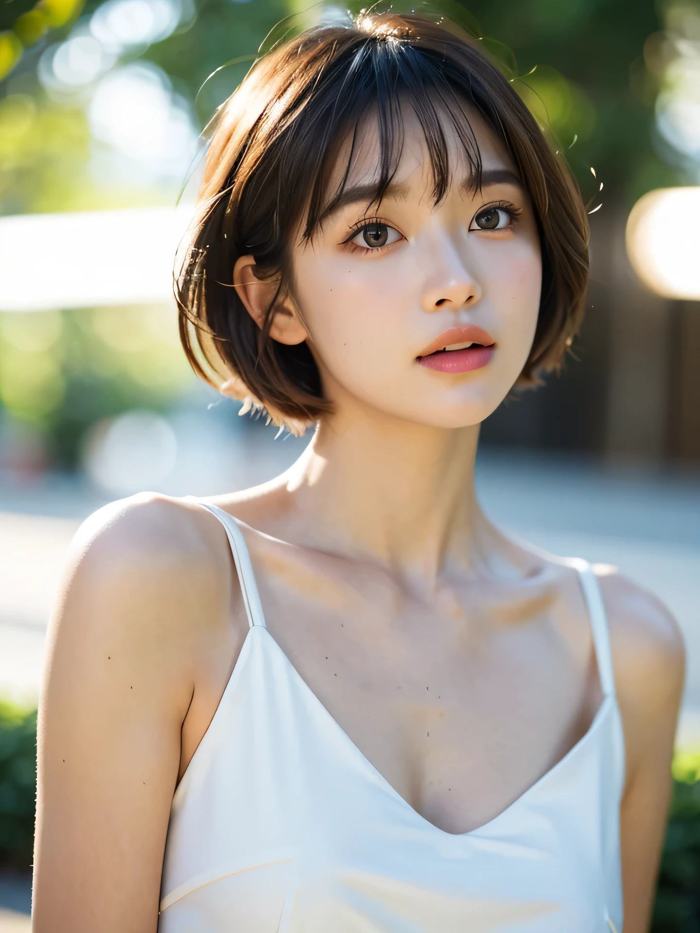 masterpiece, Best Quality, Raw photo, 8K, 1girl, Beautiful detailed skin, backlight, soft light, bashful, (shoot from front), looking up, open your mouth as if you want to say something, Luminescent, Anatomically correct, short hair, bangs, Eyes and faces with detailed, Textured skin, Professional Photography, Bokeh, Portrait, Professional Lighting, Solo, Cute, Girly, Film grain, Mini dress,