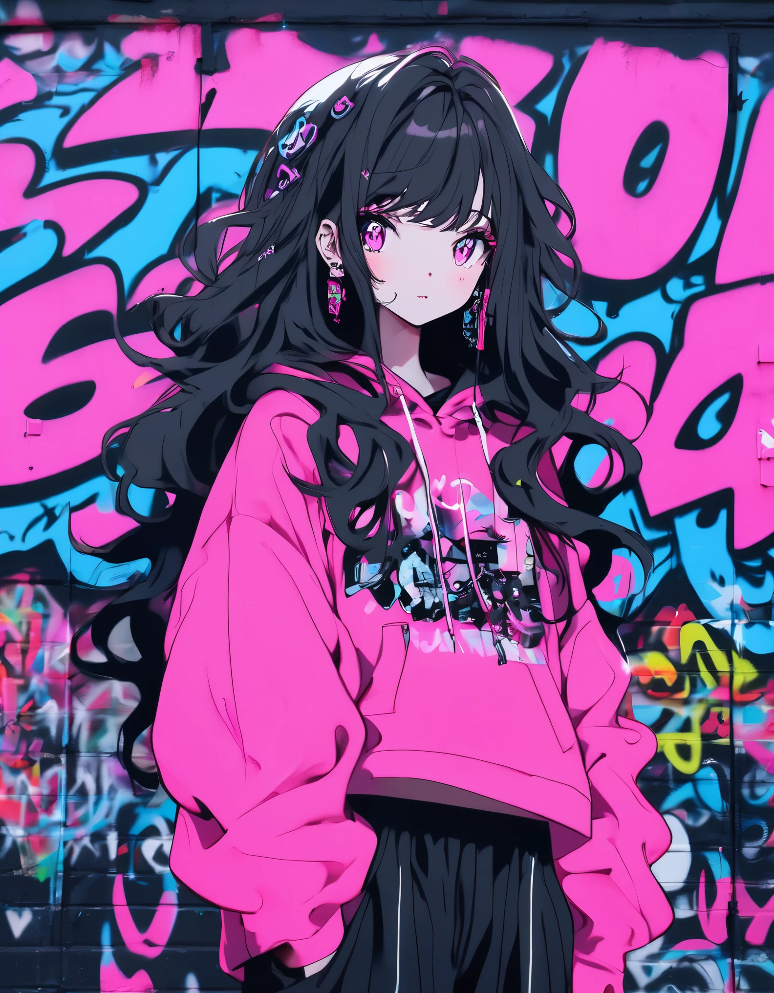 A unique e-girl with a neon pink hoodie, her hair styled in black long, wavy hair, standing in front of a graffiti-covered wall. cosmic theme.