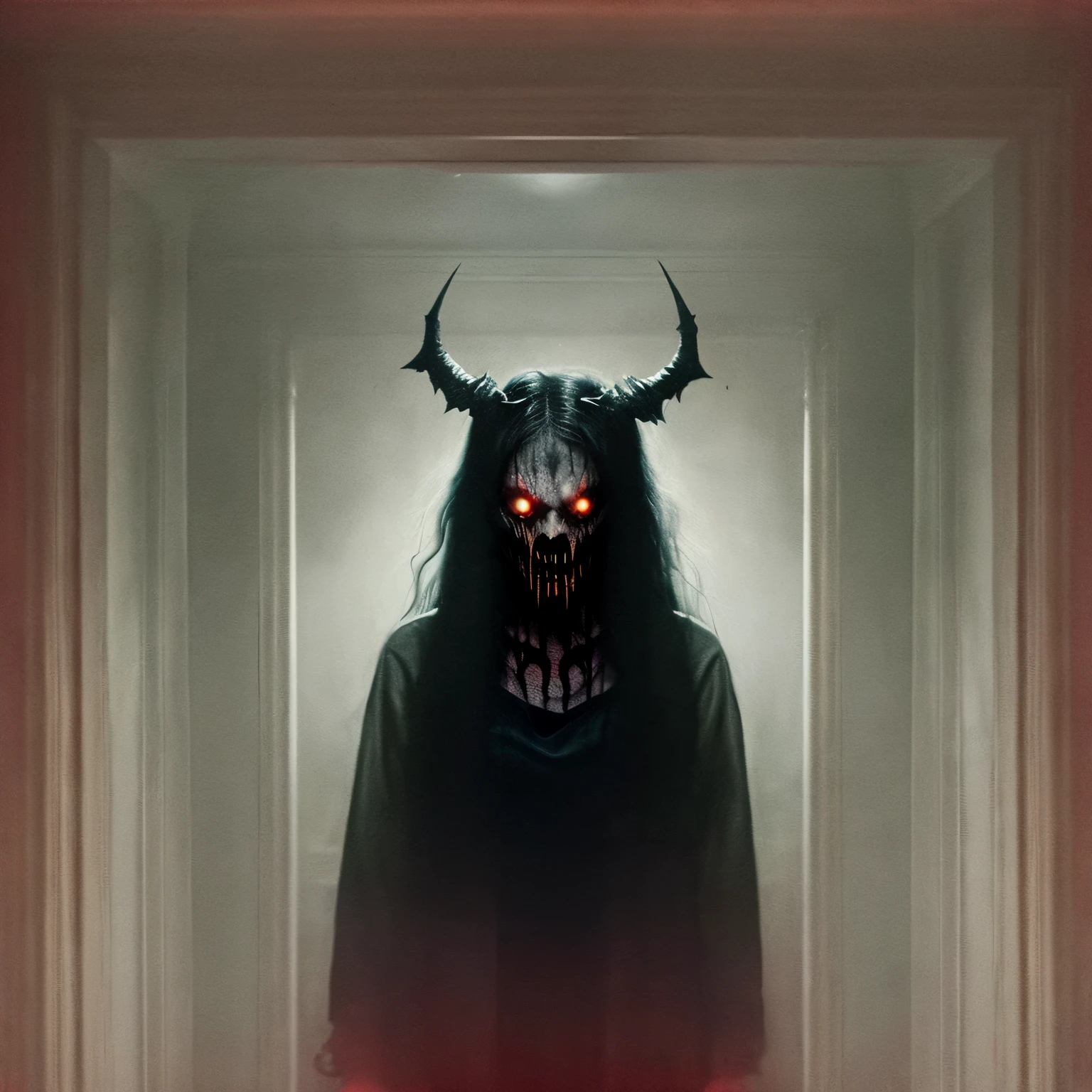Close-up portrait of a demonic monster with black scales that evokes fear, fantasy setting, horror environment, Pathological color, dark lighting, in the atmosphere, cinematic, Looks grumpy, In the style of Diego Coy, Gina Heyer, Luis Scanela, Art by Alyssa Monk, depth, hyper realism, Rule of thirds, golden ratio, oil on canvas, 8k