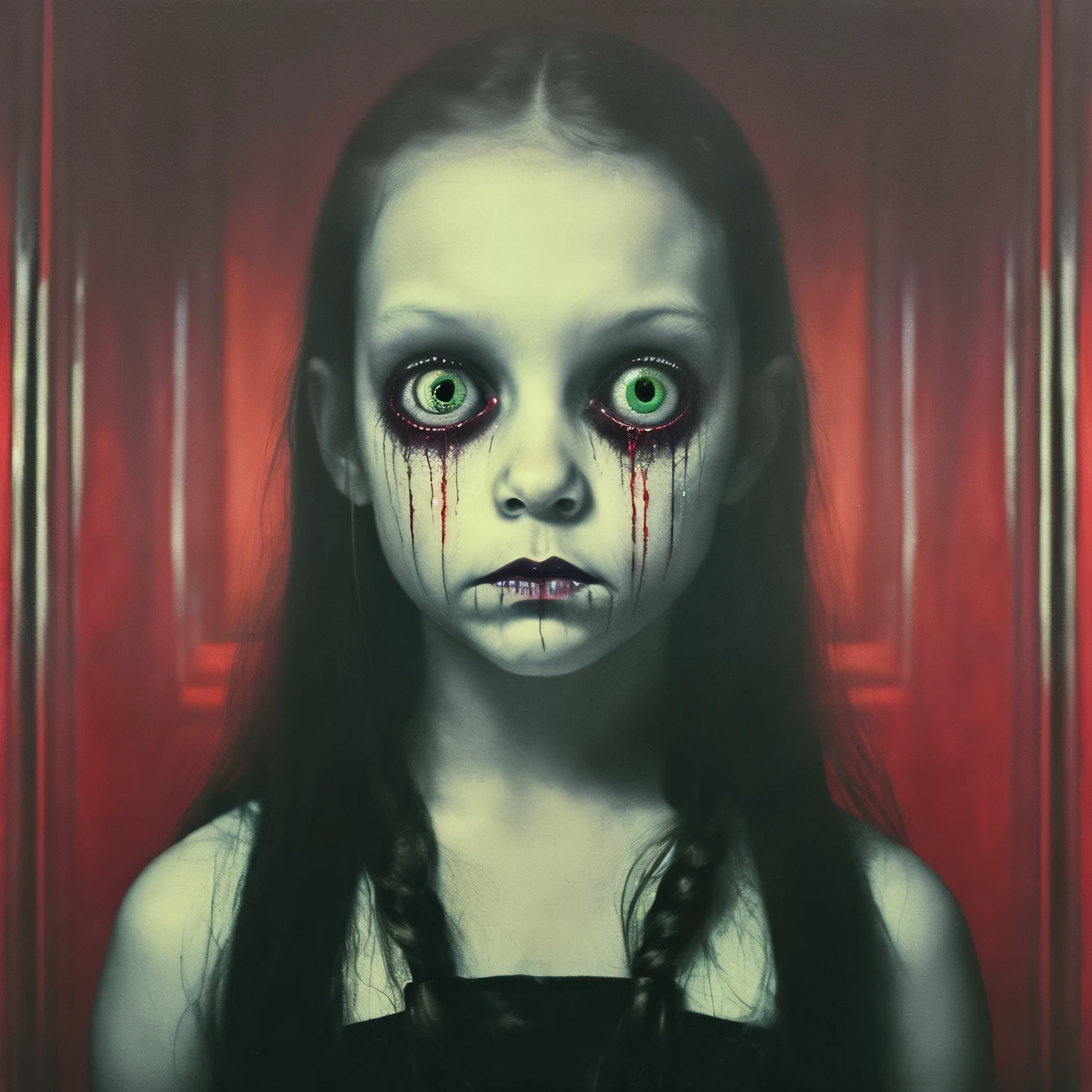 Close-up portrait of a demonic monster with black scales that evokes fear, fantasy setting, horror environment, Pathological color, dark lighting, in the atmosphere, cinematic, Looks grumpy, In the style of Diego Coy, Gina Heyer, Luis Scanela, Art by Alyssa Monk, depth, hyper realism, Rule of thirds, golden ratio, oil on canvas, 8k
